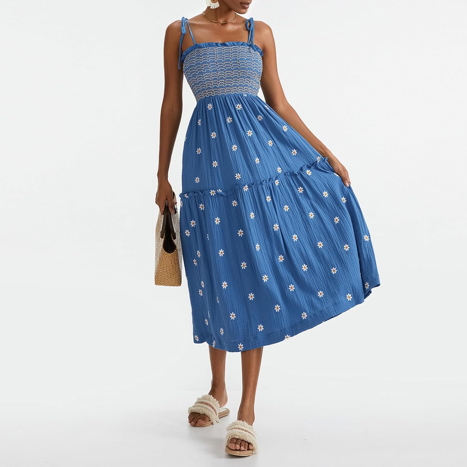 Women Floral Embroidered Maxi Dress Sleeveless Tie Shoulder Smocked Flowy Dress Boho Summer Sundresses with Pockets