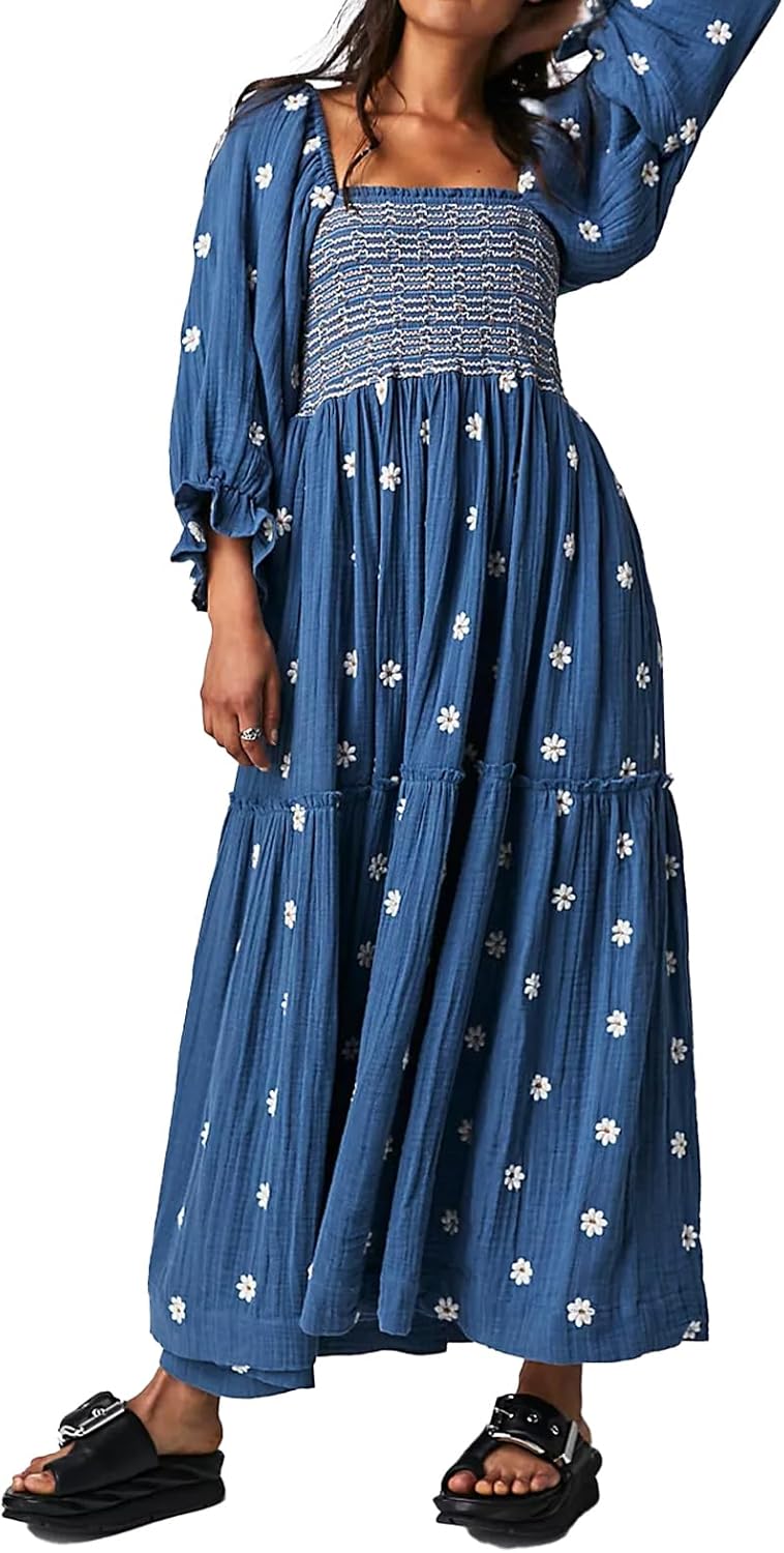 Women Floral Embroidered Maxi Dress Long Puff Sleeve Square Neck Bohemian Flowy Dress with Pockets Summer Fall