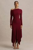 Isola Burgundy Asymmetric Neck Midi Dress With Hanky Hem
