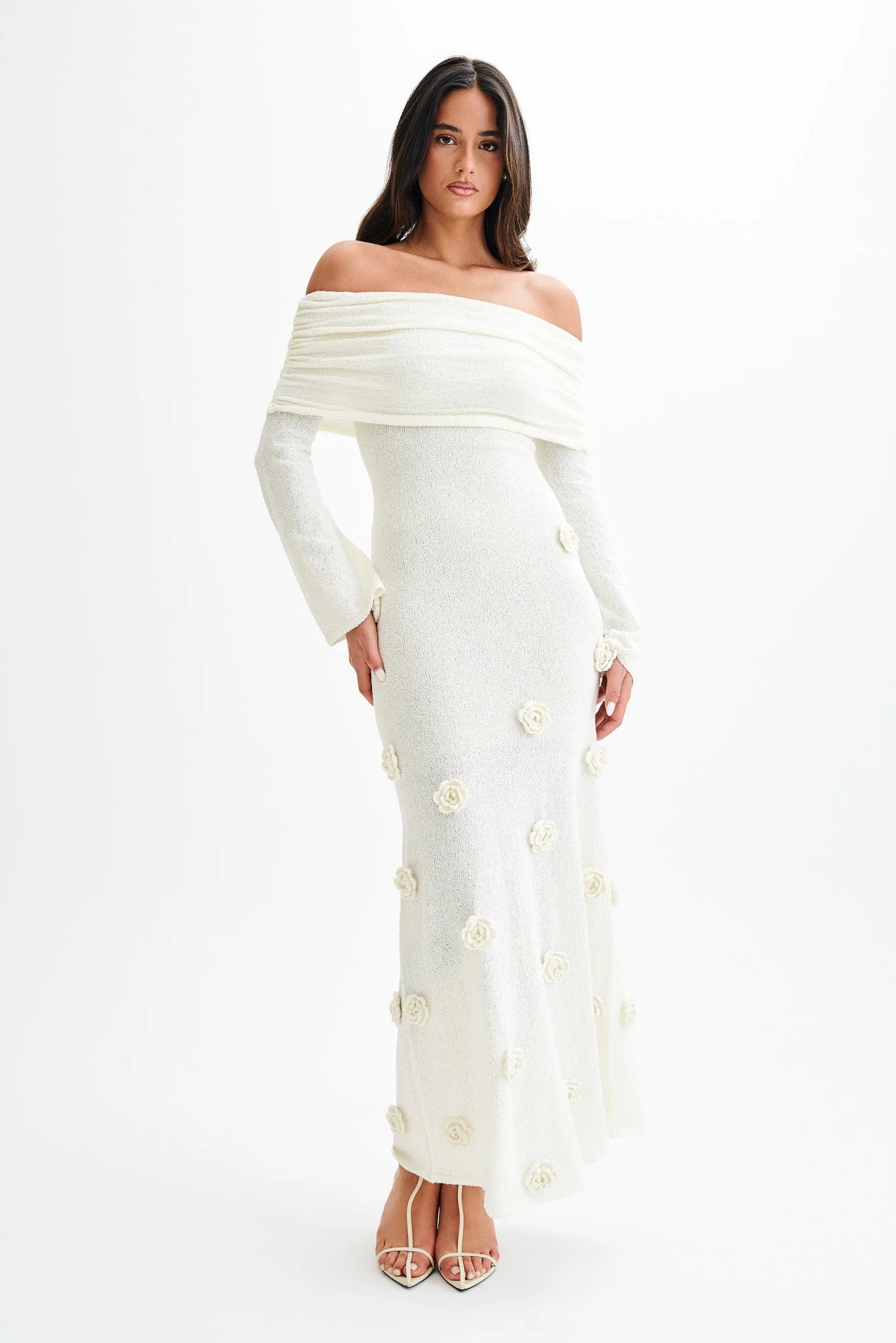Kiki Off Shoulder Knit Rose Maxi Dress Ivory
