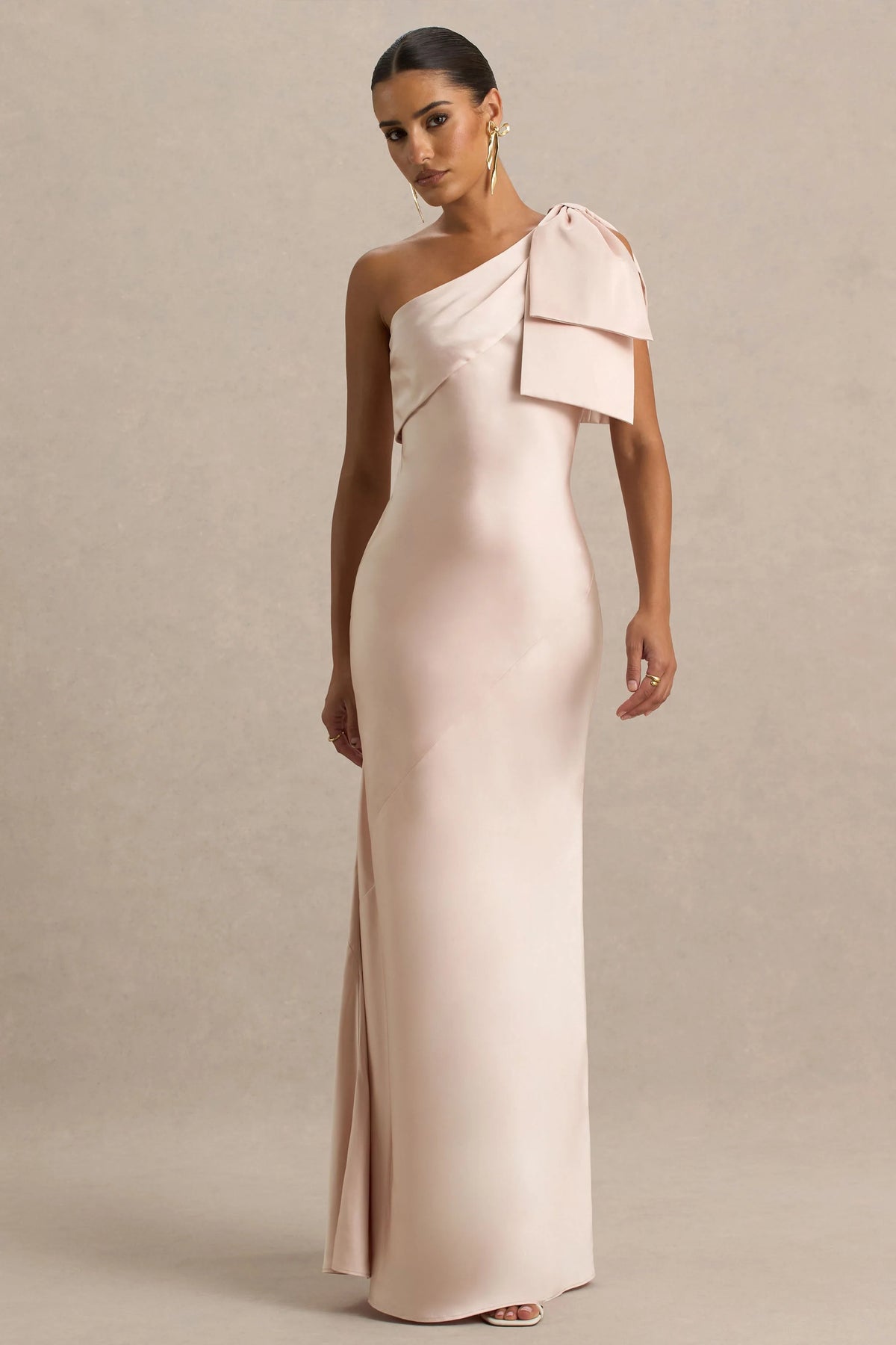 Valerie Light Pink Satin Asymmetric Neck Maxi Dress With Bow Detail