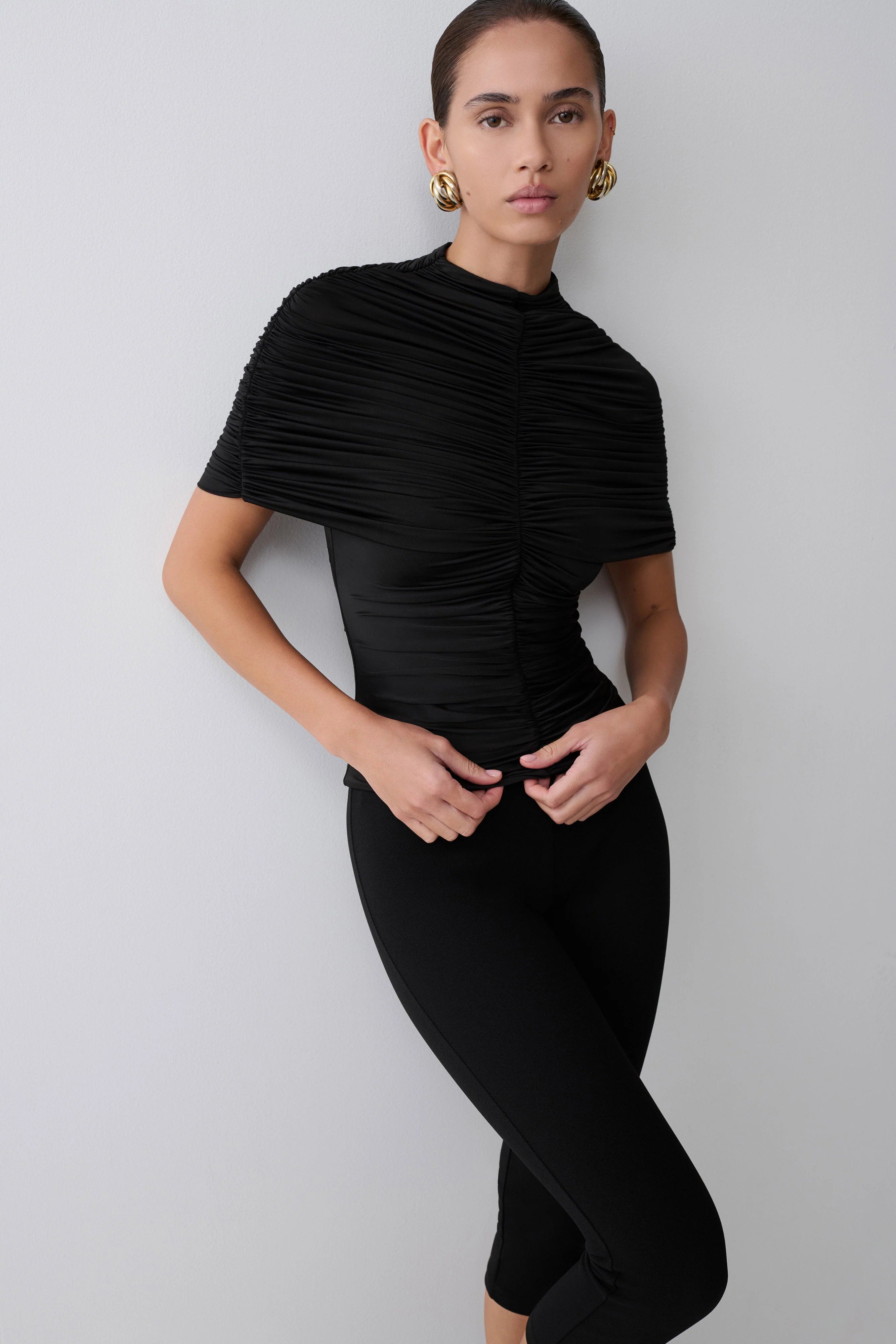 Linh Slinky High Neck Gathered Top Black