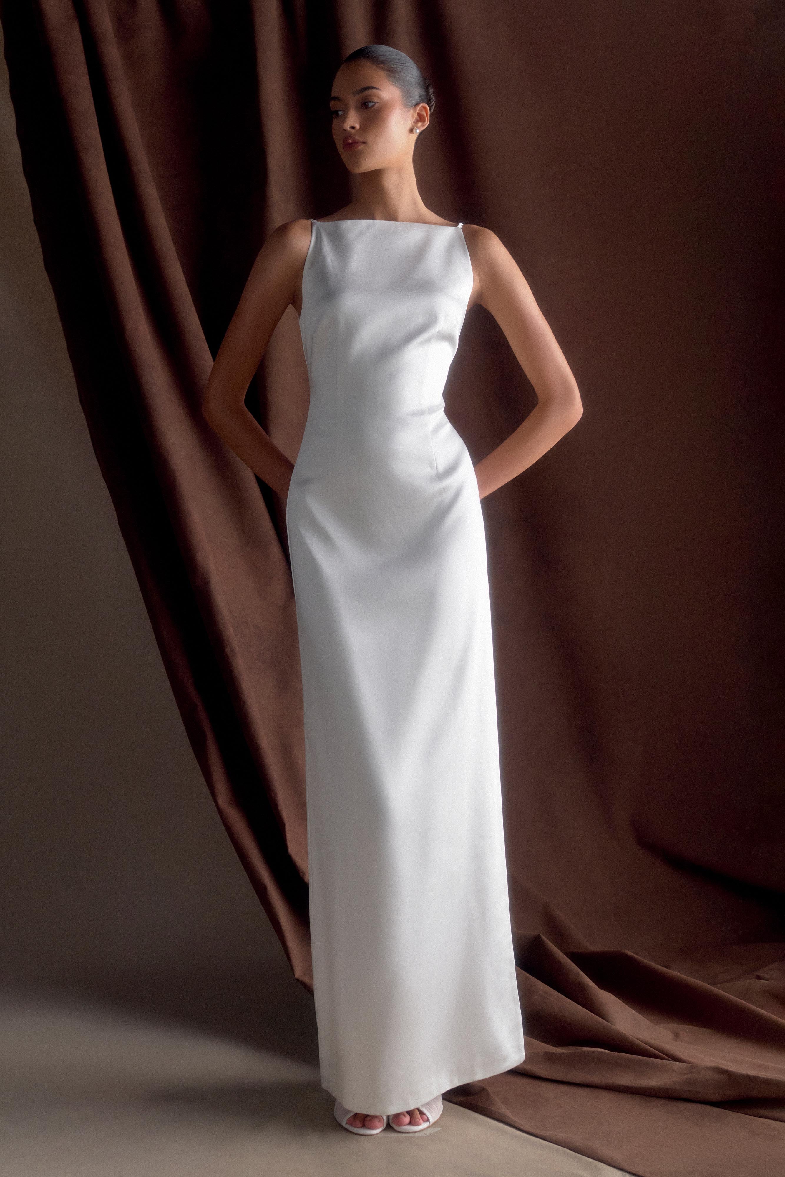 Violet Sleeveless Satin Maxi Dress White