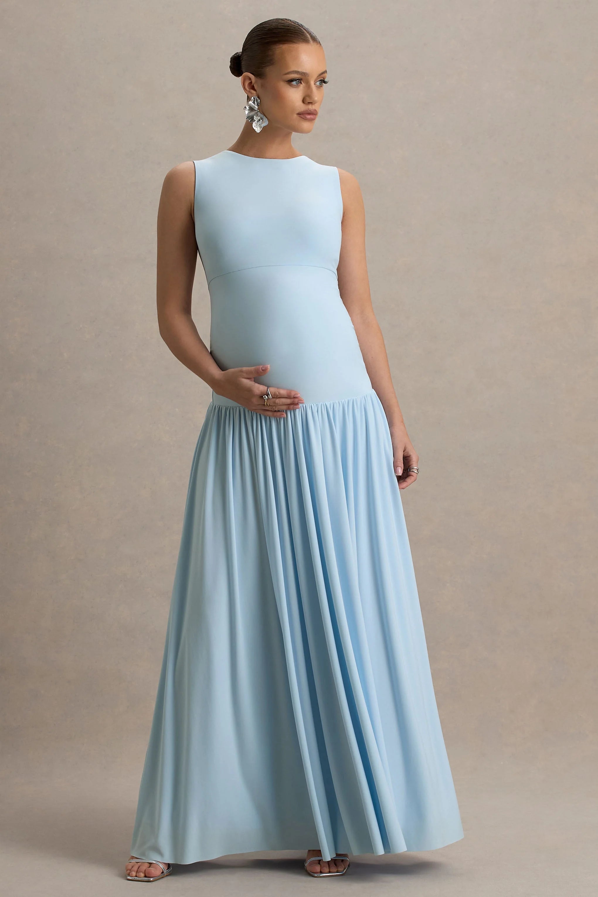 Outline Powder Blue Crew Neck Maternity Maxi Dress With Pleated Skirt