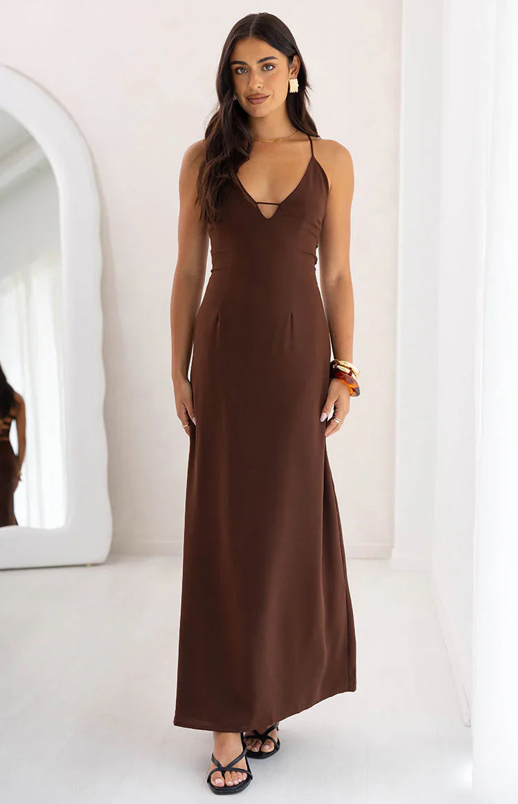La Jolla Brown V Neck Maxi Dress