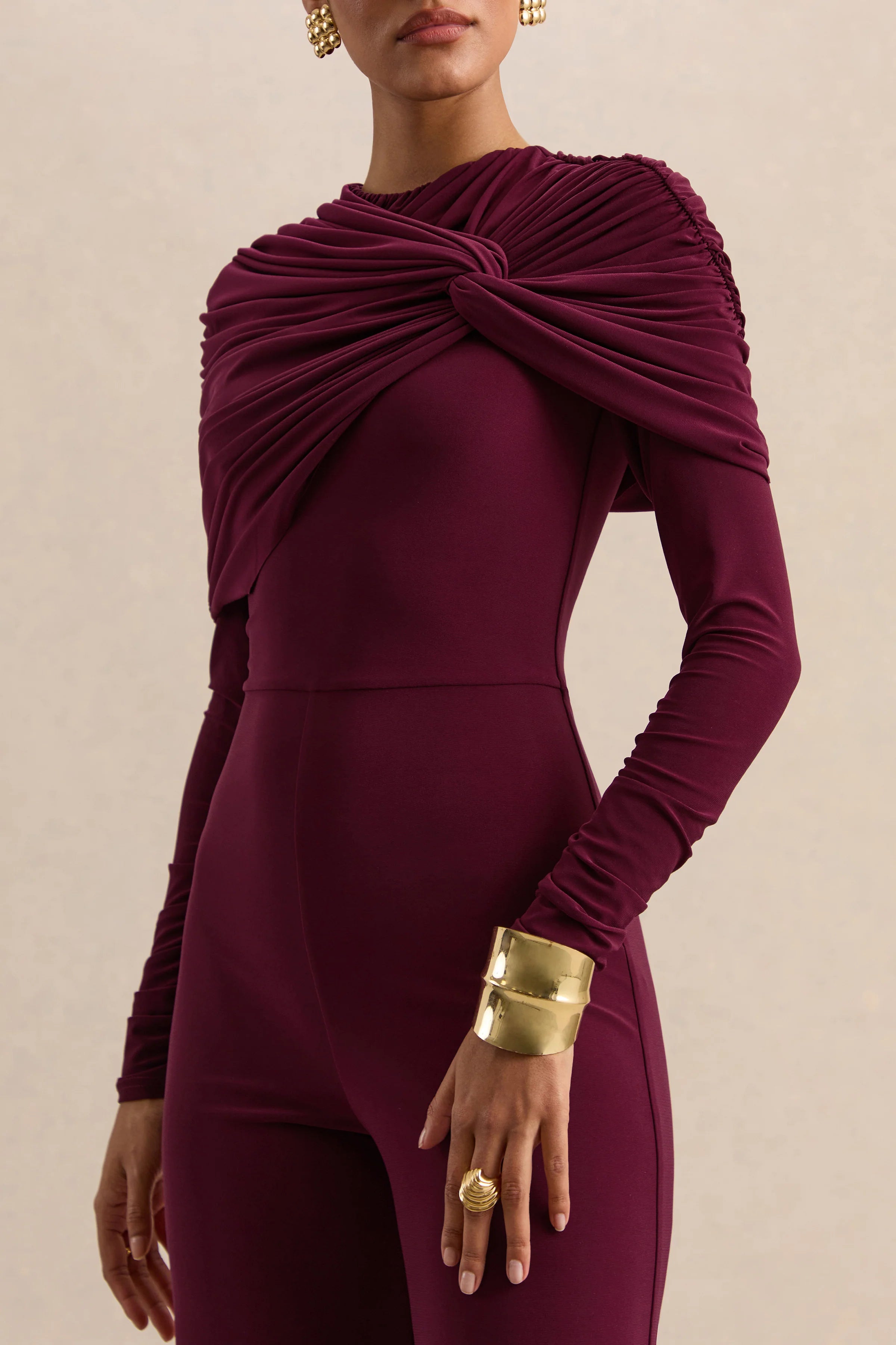 Eloura Burgundy High Neck Jumpsuit With Twist Gathered Detail