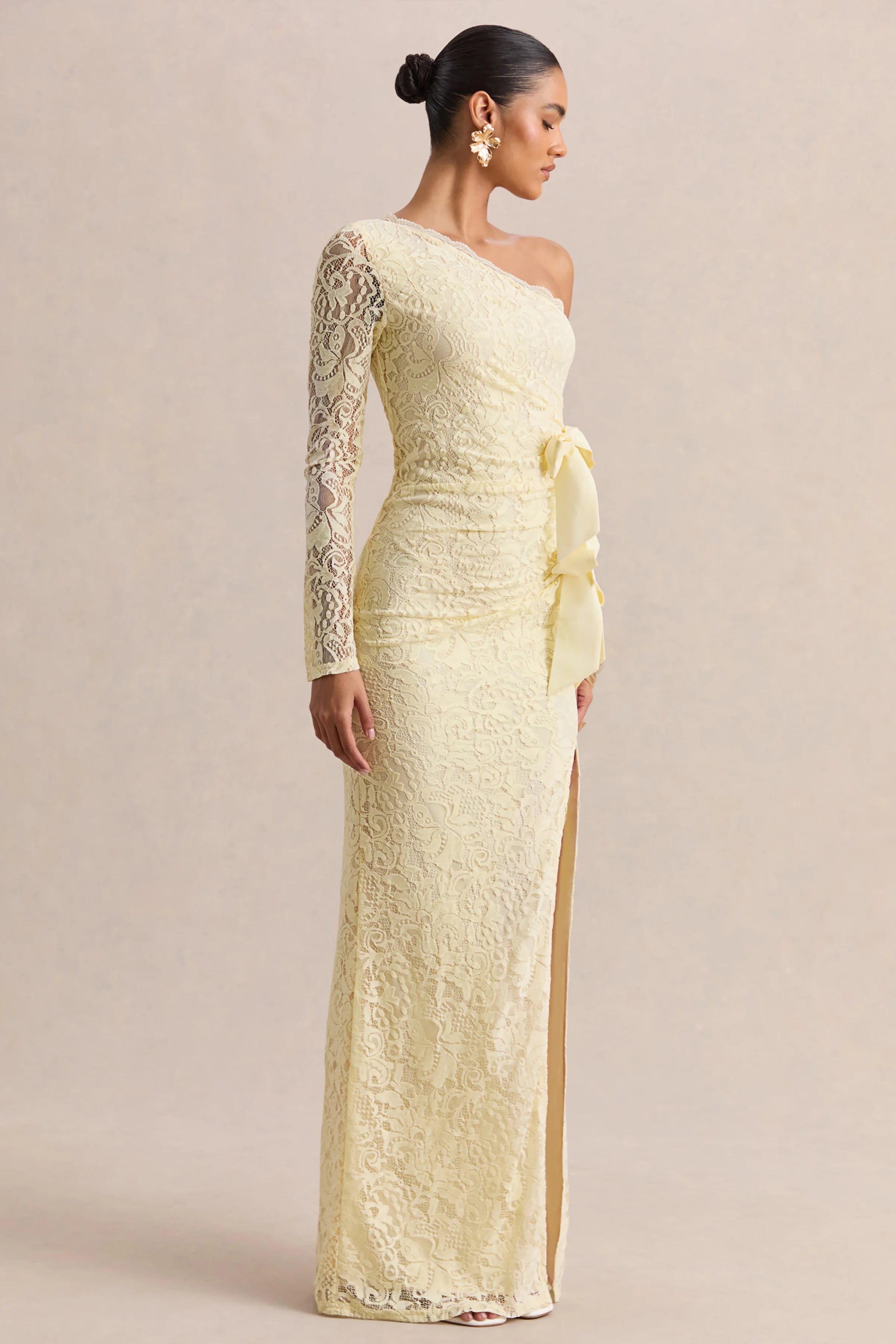 Norna Lemon Lace Asymmetric Neck Maxi Dress With Cut Out And Bow Details
