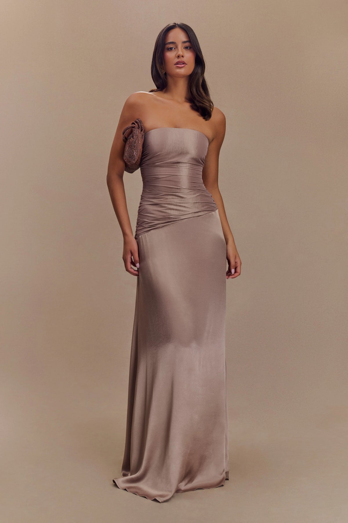 Serena Strapless Taffeta Maxi Dress Bronze Taupe