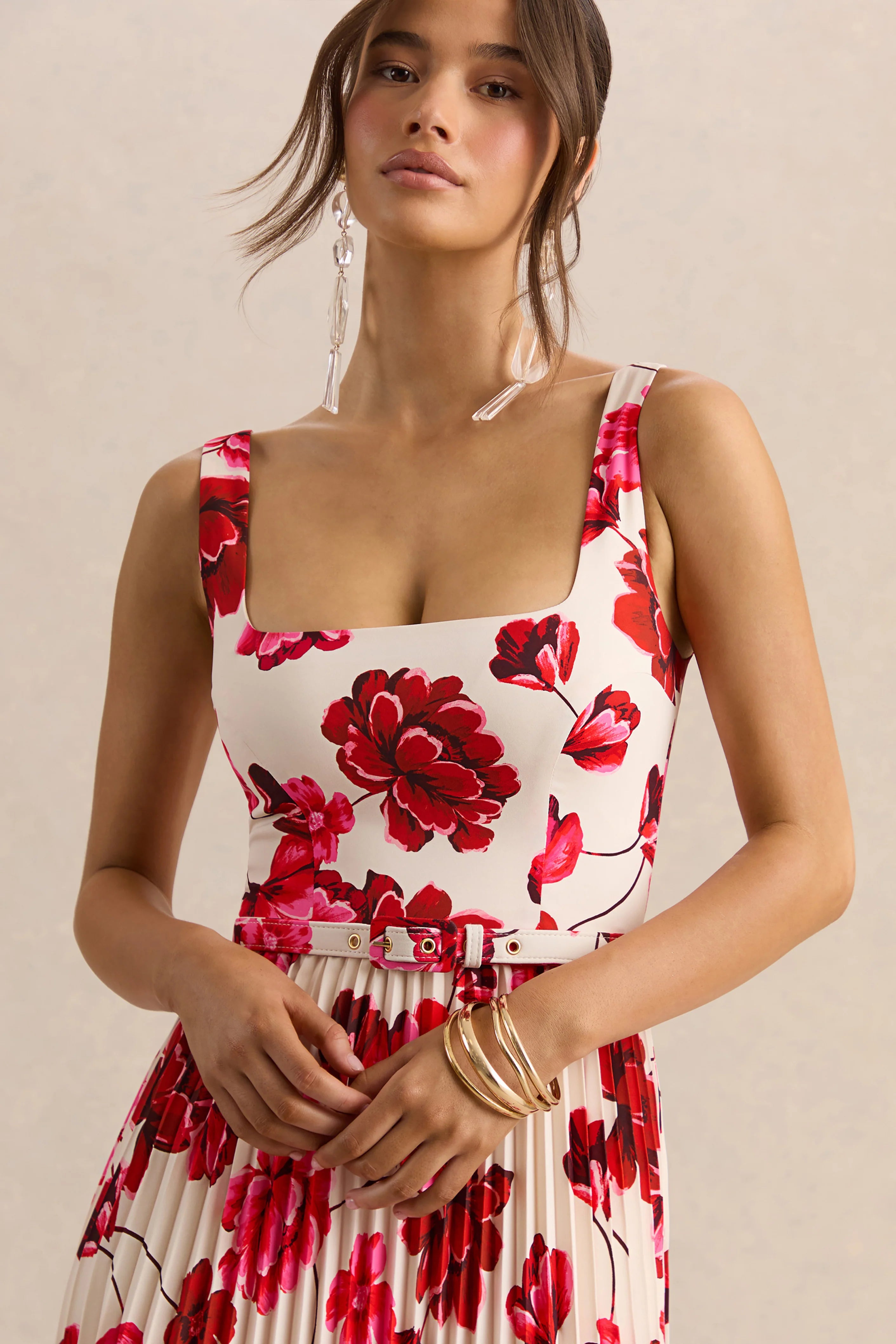 Danika Hot Pink Floral Print Square Neck Belted Maxi Dress With Pleated Skirt
