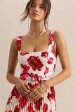 Danika Hot Pink Floral Print Square Neck Belted Maxi Dress With Pleated Skirt