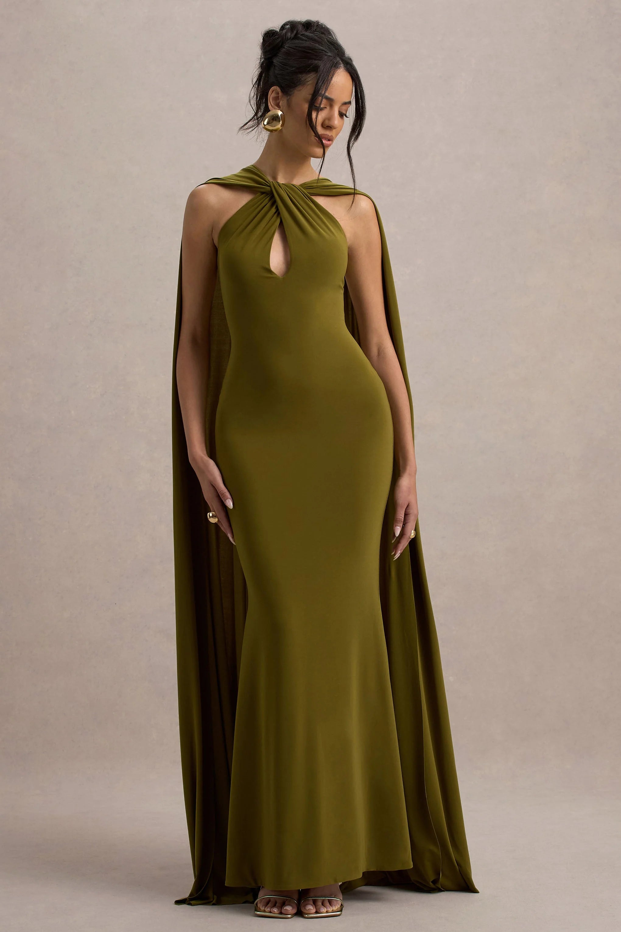 Rhoda Green Twist Halter Neck Cape Maxi Dress