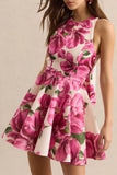 Waverly Pink Rose Print Racer Neck Sleeveless Skater Mini Dress