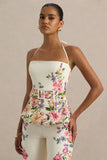 Maud White Floral Border Print Square Neck Tailored Top