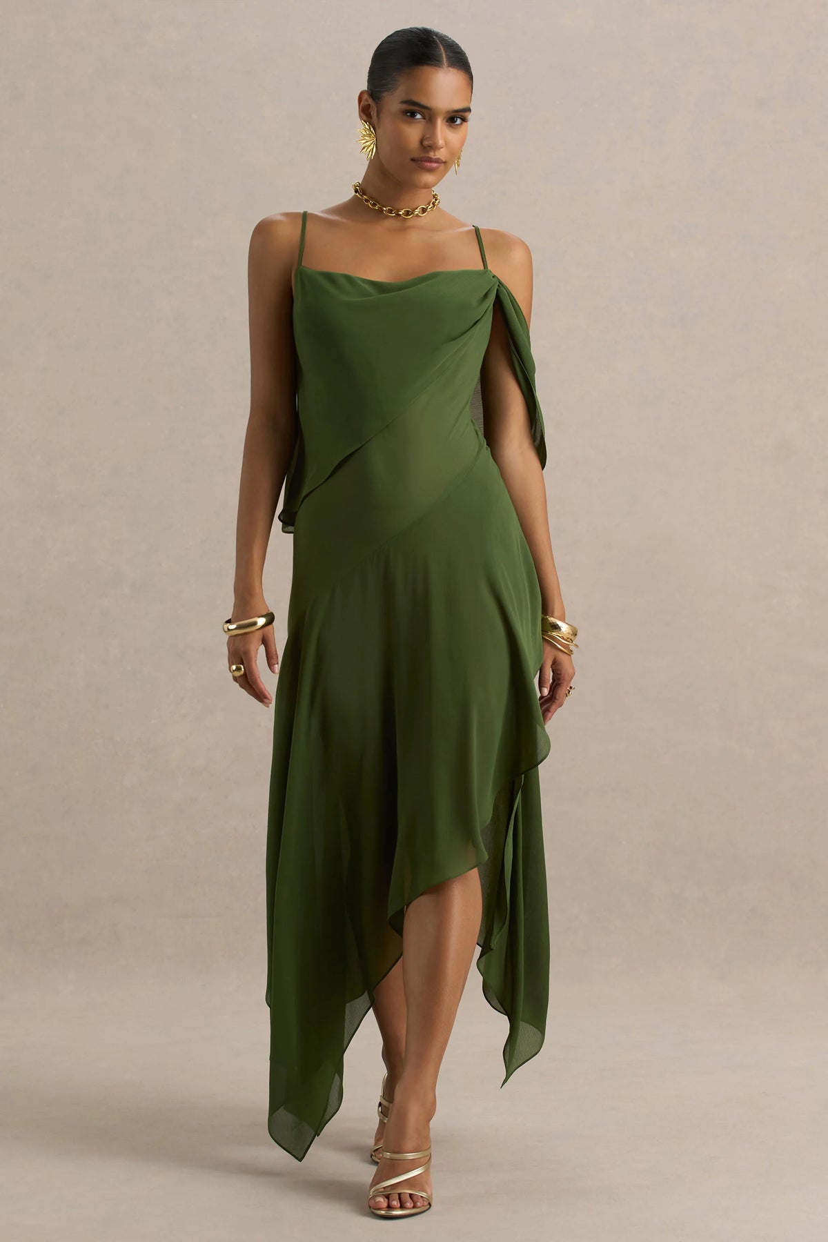 Tiara Green Asymmetric Midi Dress With Draping Detailing and Open Back