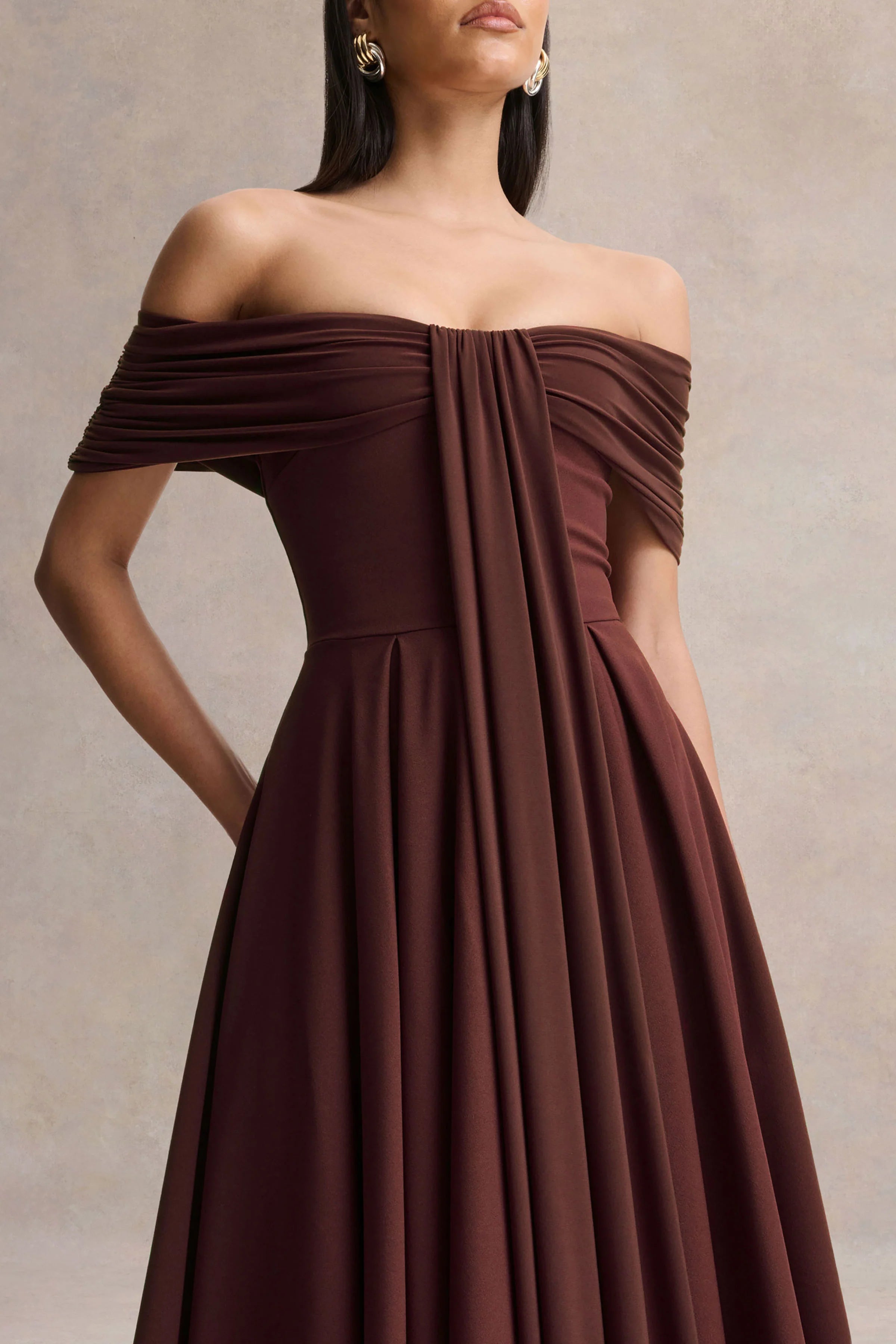 Dearest Brown Bardot Neck Midi Dress