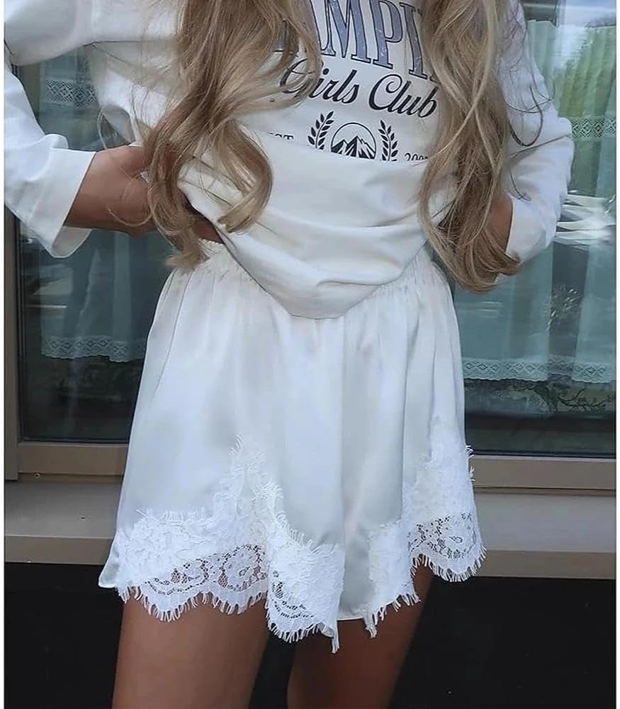 Women Satin Lace Shorts Silky Pajama Lounge Shorts Elastic Waist Chic Sleepwear Bottoms