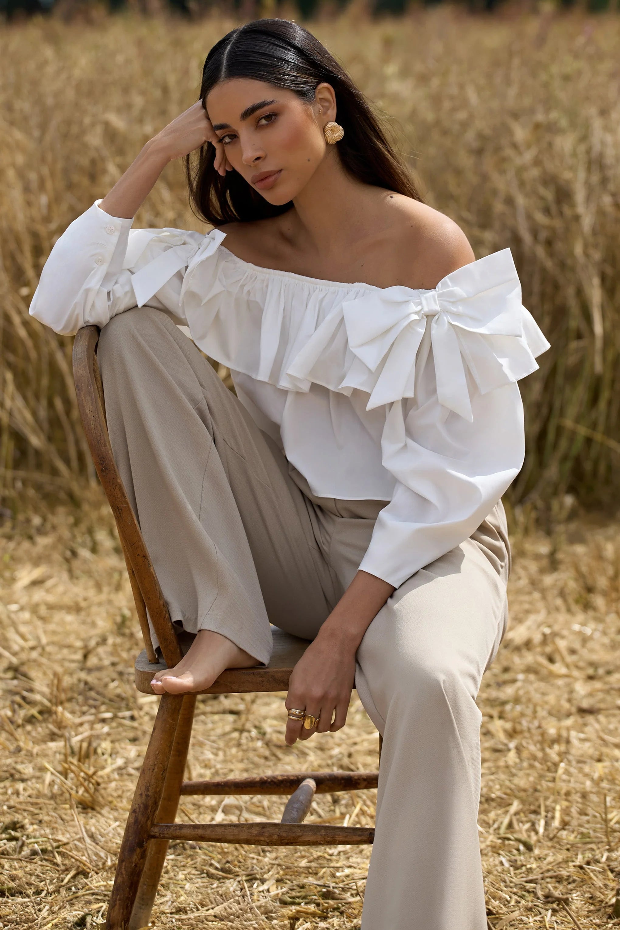 Cove White Bardot Puff Sleeve Ruffle Top With Bows