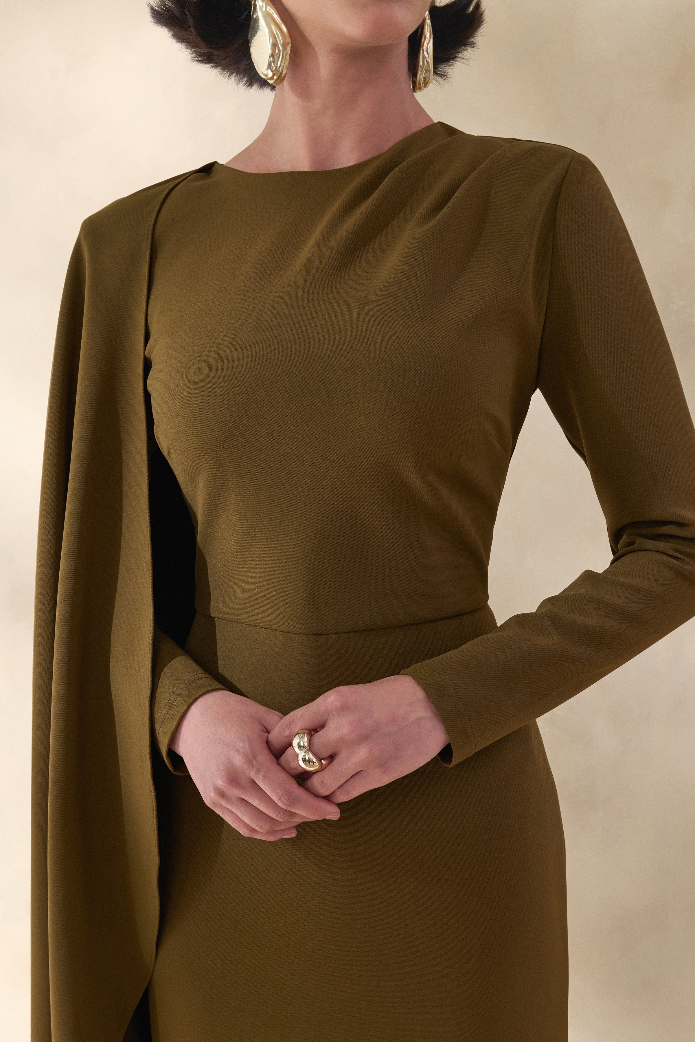 Jovea Olive Round Neck Maxi Dress With Cape Sleeve