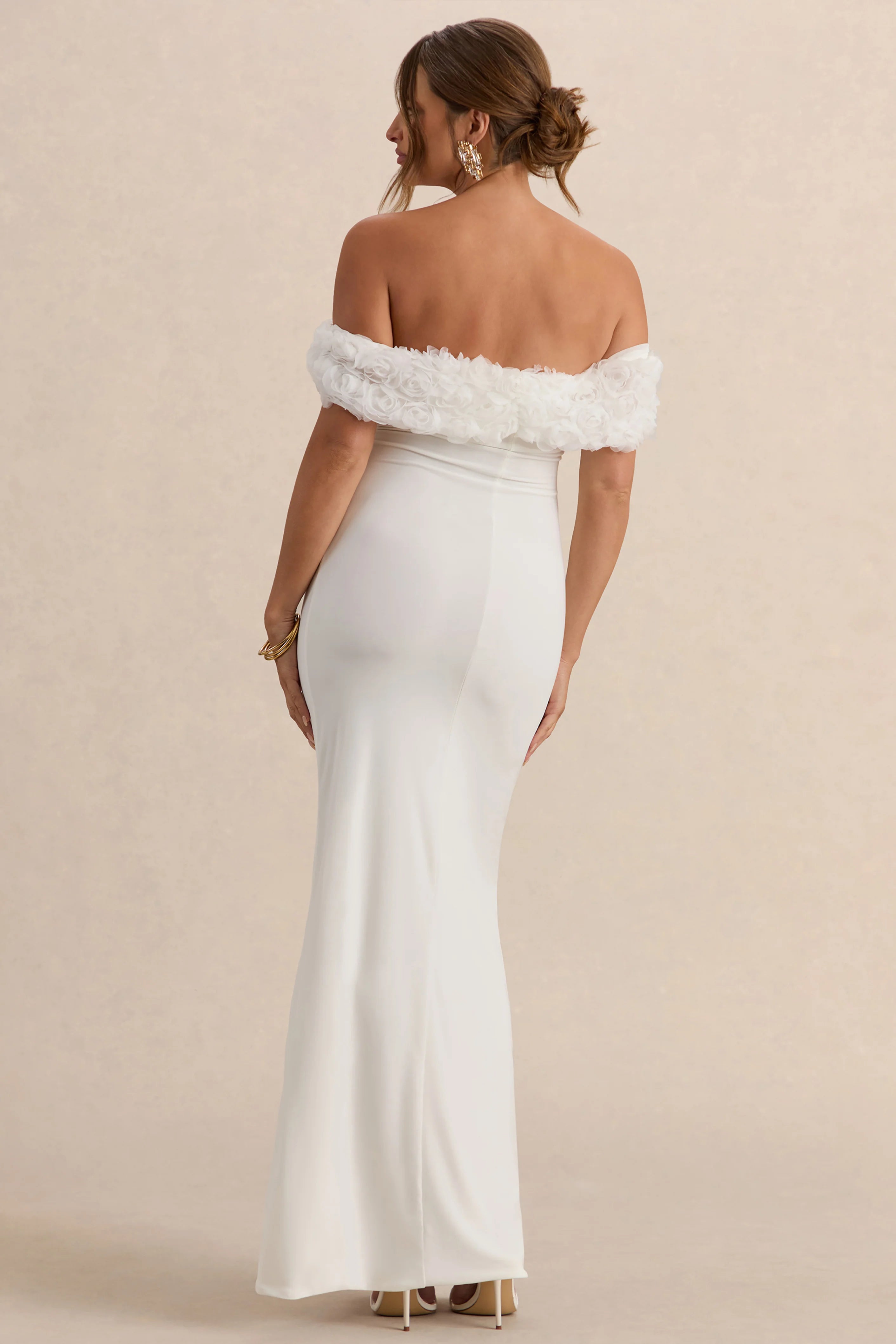 Inflorescence White Mesh Floral Bardot Maternity Maxi Dress