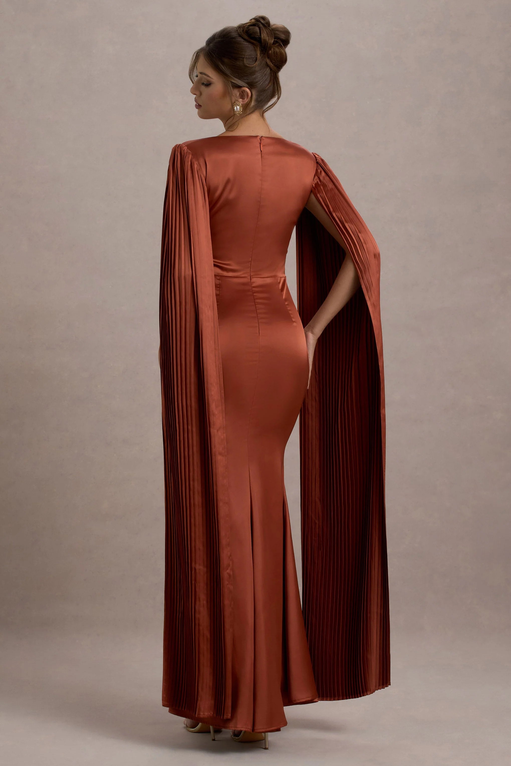Saloma Rust Satin Square Neck Maxi Dress With Cape Sleeves