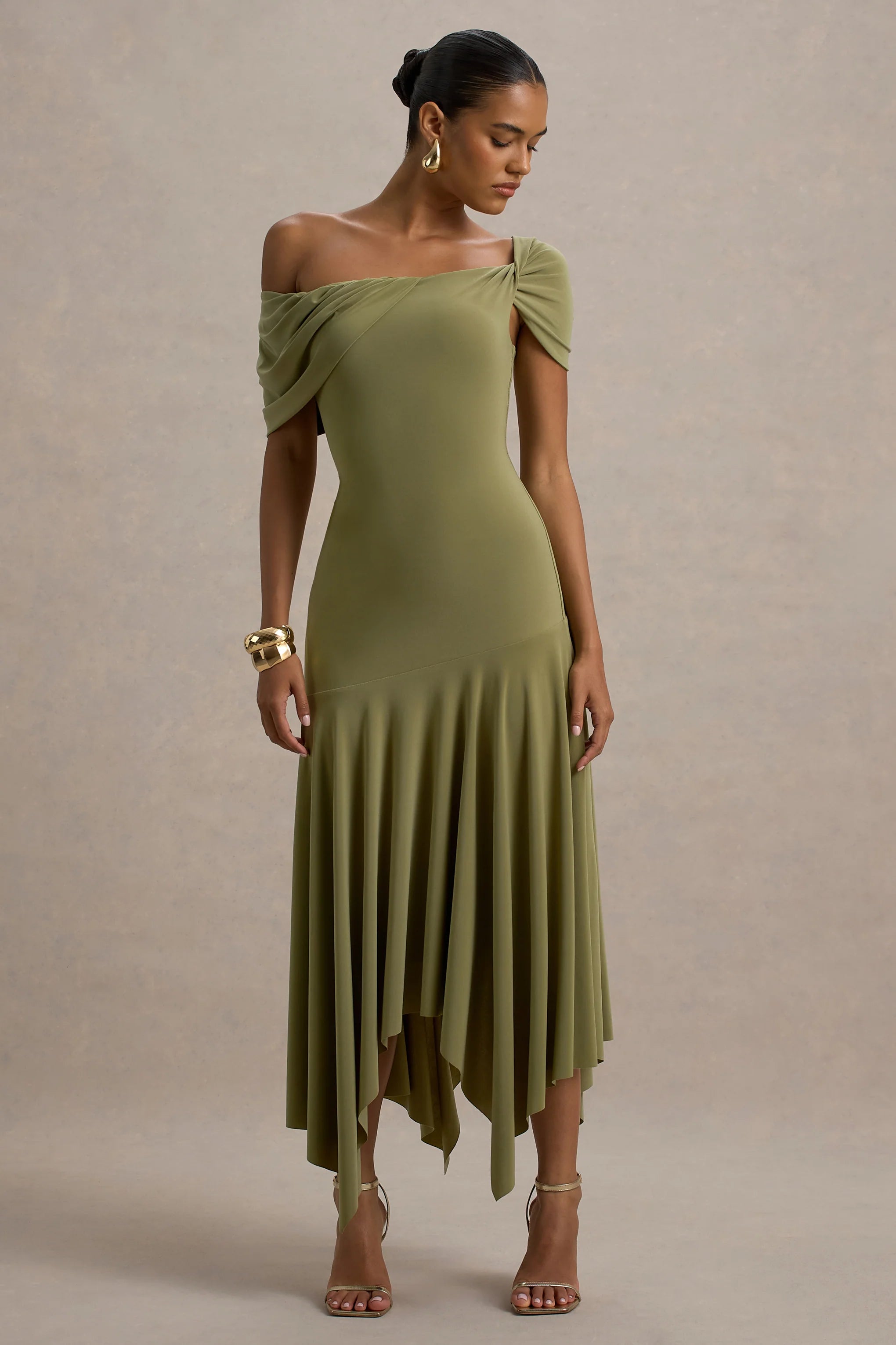 Castor Olive Asymmetric Midi Dress