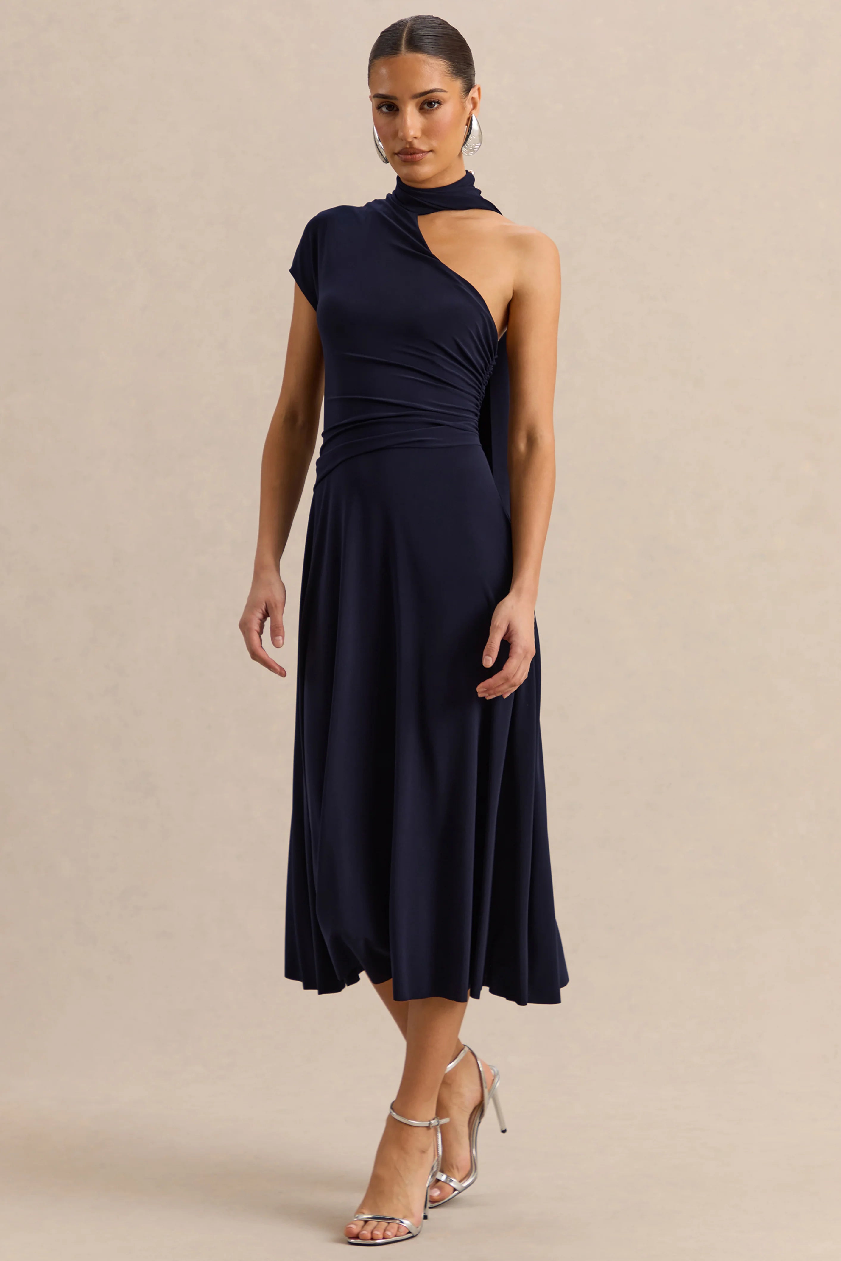 Lythara Navy Asymmetric Neck Midi Dress With Scarf Detail