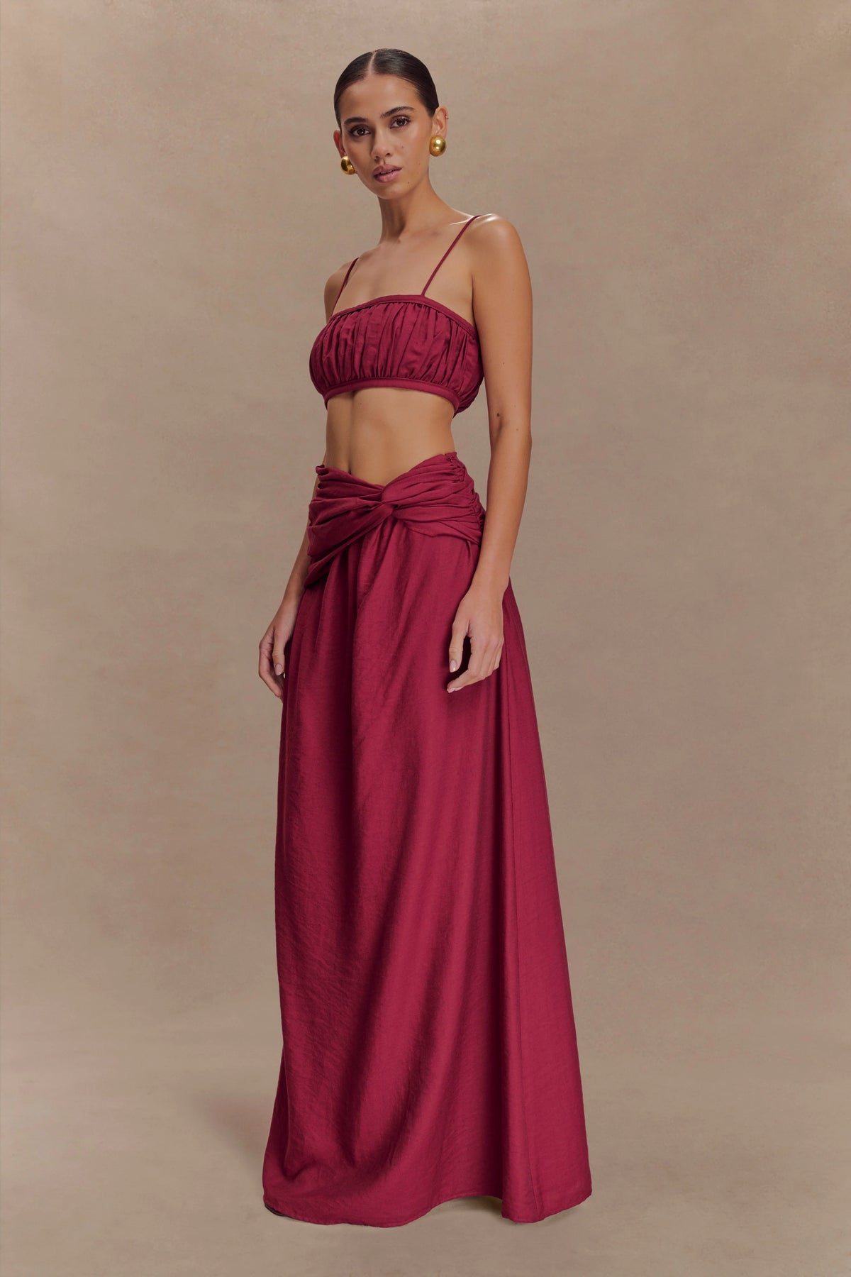 Scottie Gathered Linen Knot Maxi Skirt Wine