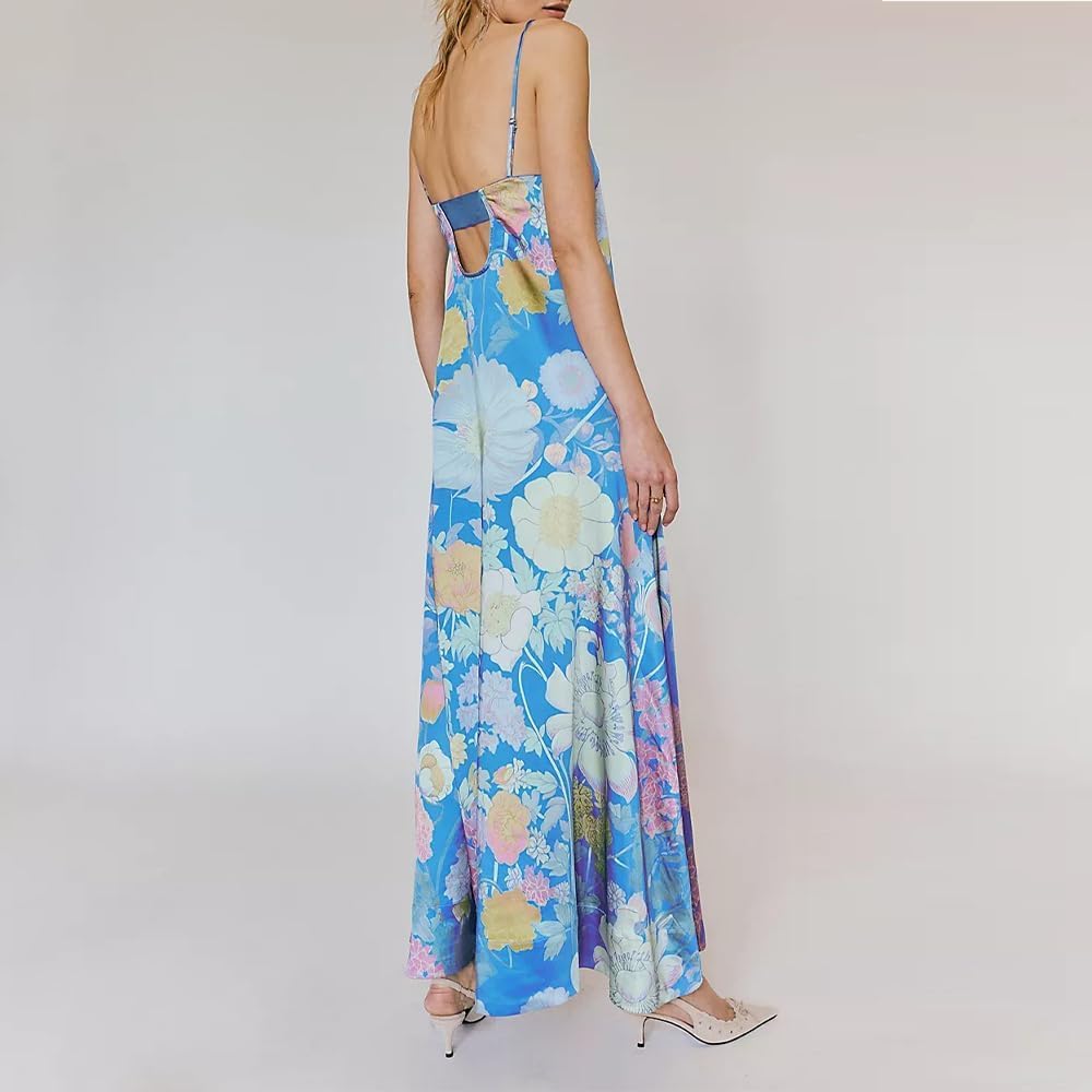 Women Boho Floral Maxi Dress Backless Spaghetti Strap A Line Flowy Summer Vacation Long Dress