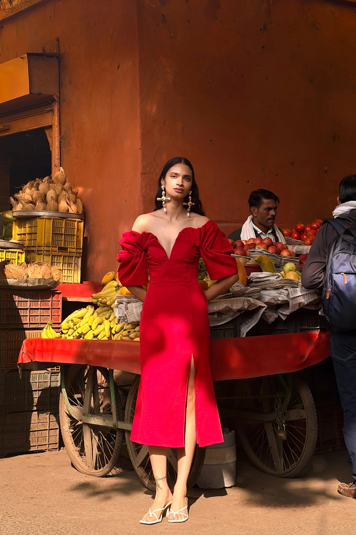 Fiona Red Plunge Neck Split Midi Dress