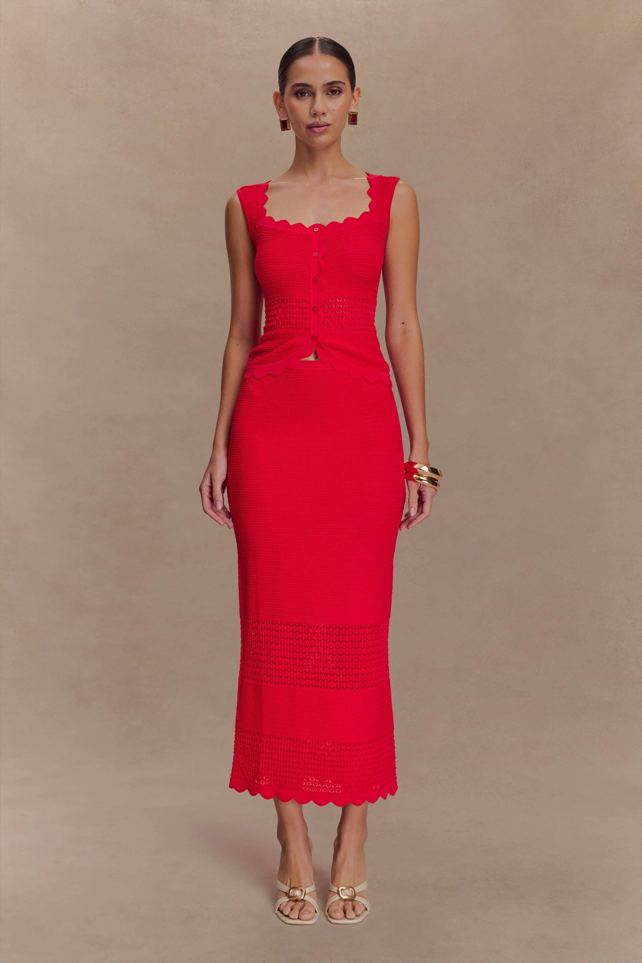 Madeline Scallop Knit Midi Skirt Red