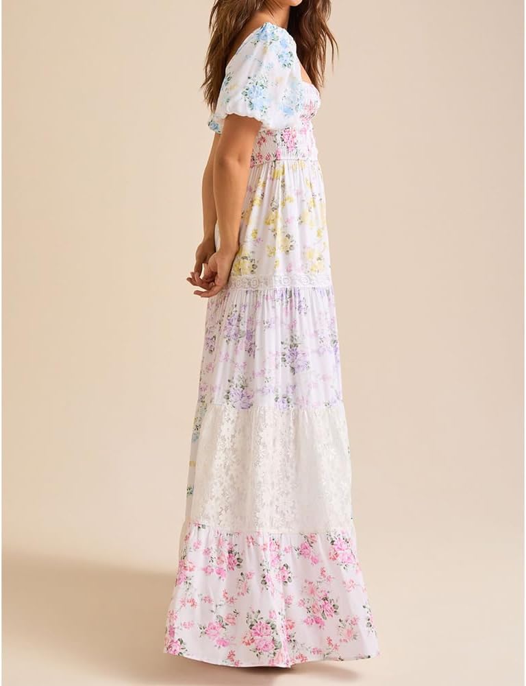 Women Floral Maxi Dress Smocked Puff Sleeve Square Neck Lace Patchwork Tiered Boho Long Dress Vacation Garden Party