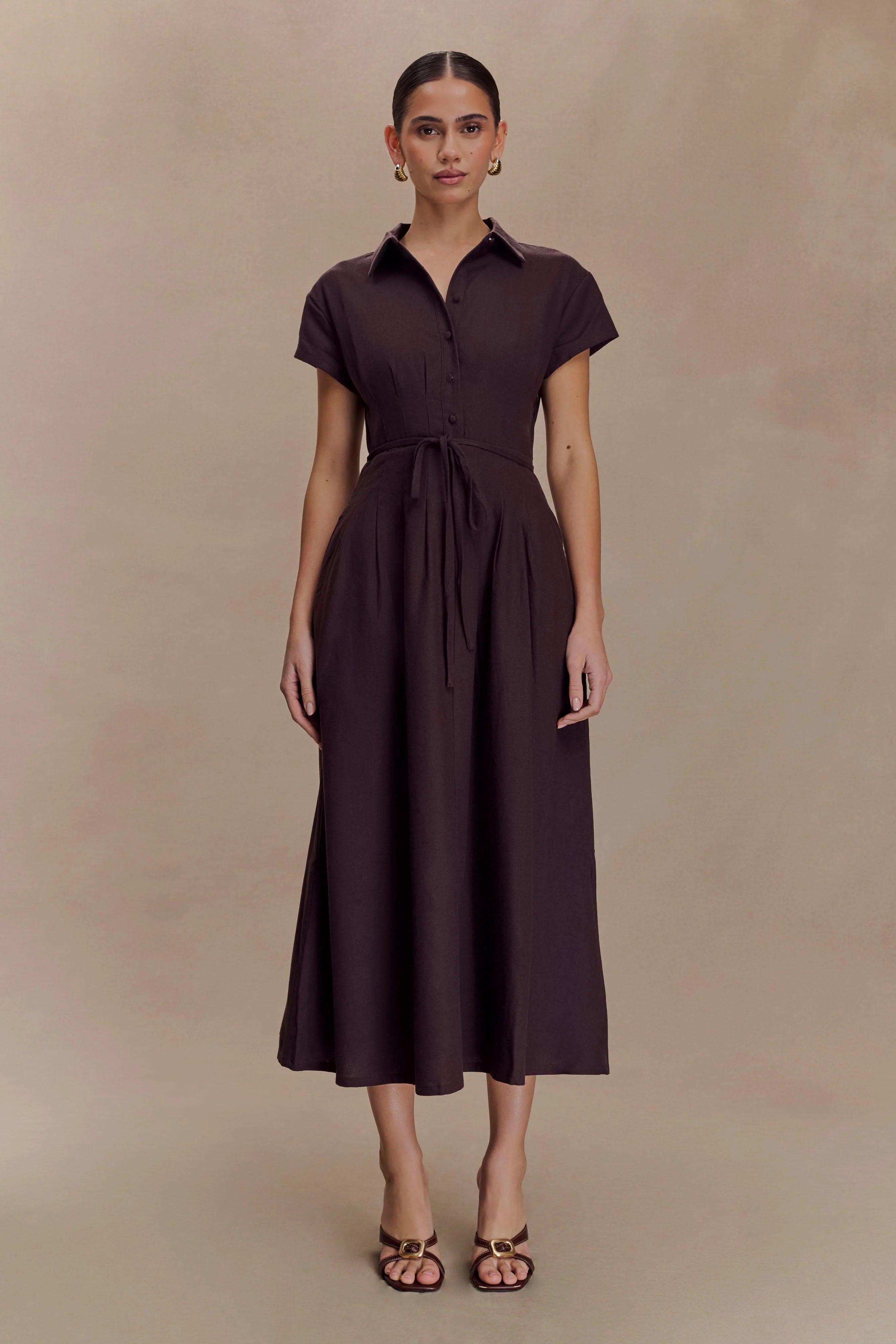 Aysha Buttoned Linen Midi Dress Chocolate