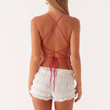 Women Sequin Beaded Cami Top V Neck Backless Criss Cross Straps Crop Tops Summer Going Out Clubwear