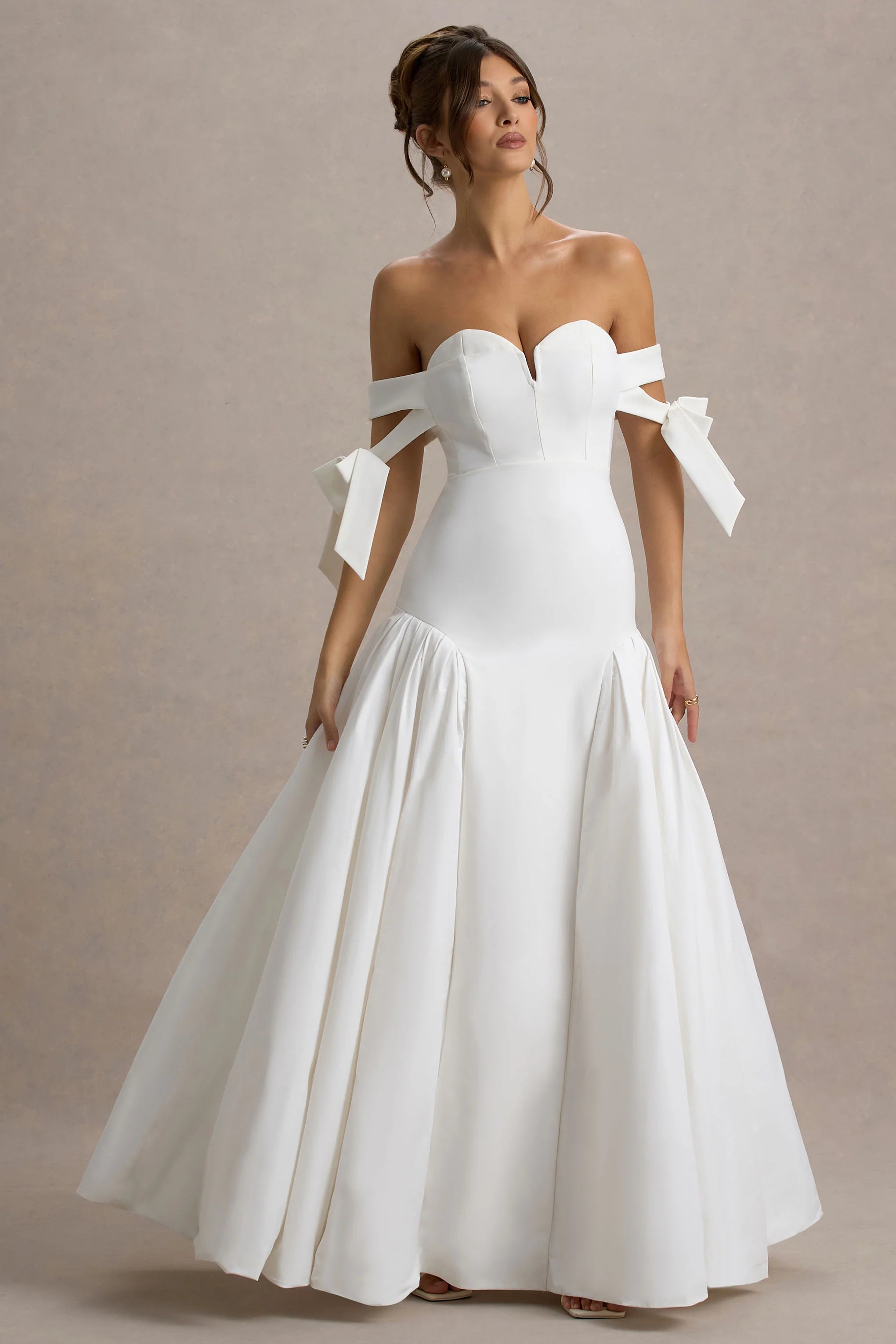 Ethel White Cream Bardot Maxi Dress With Volume Skirt