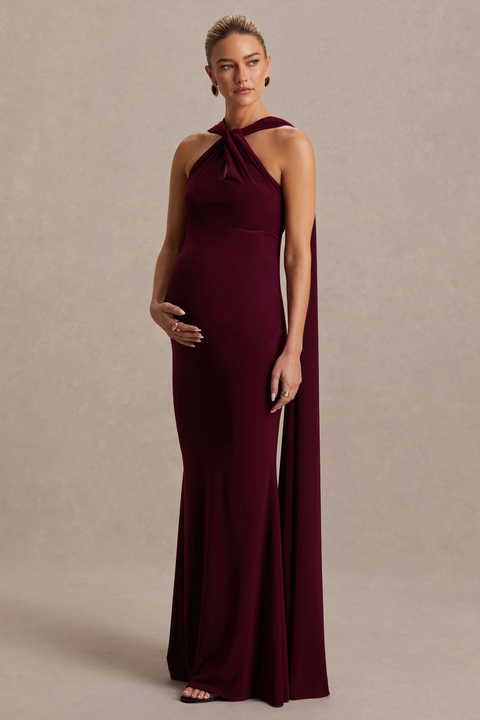 Lyra Burgundy Cross Halter Neck Maternity Maxi Dress With Cape