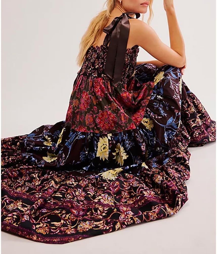 Women Floral Maxi Dress Tie Shoulder Patchwork Smocked Flowy Boho Dress with Pockets Summer Vacation Sundress