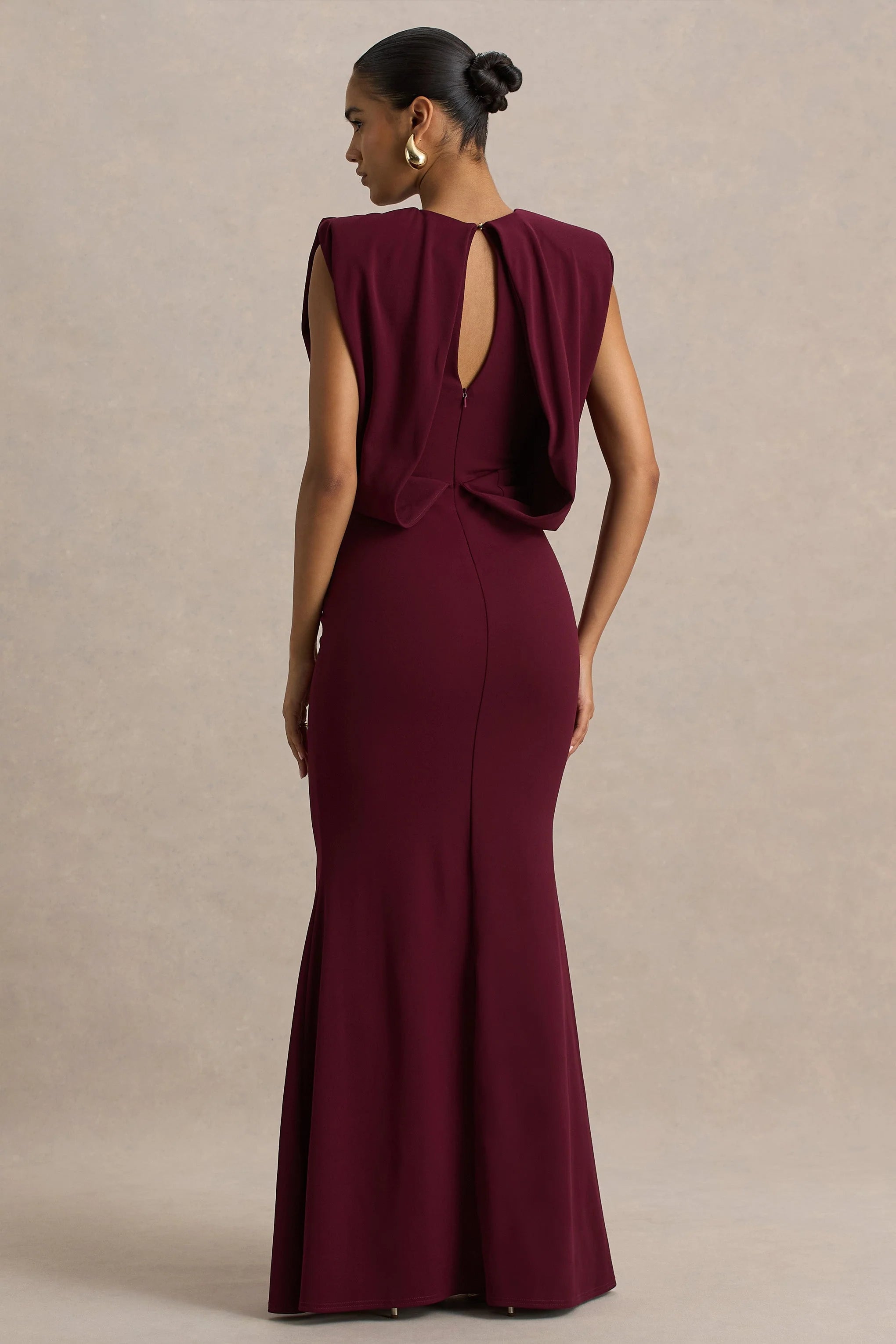 Meave Burgundy Boat Neck Maxi Dress With Draped Detail