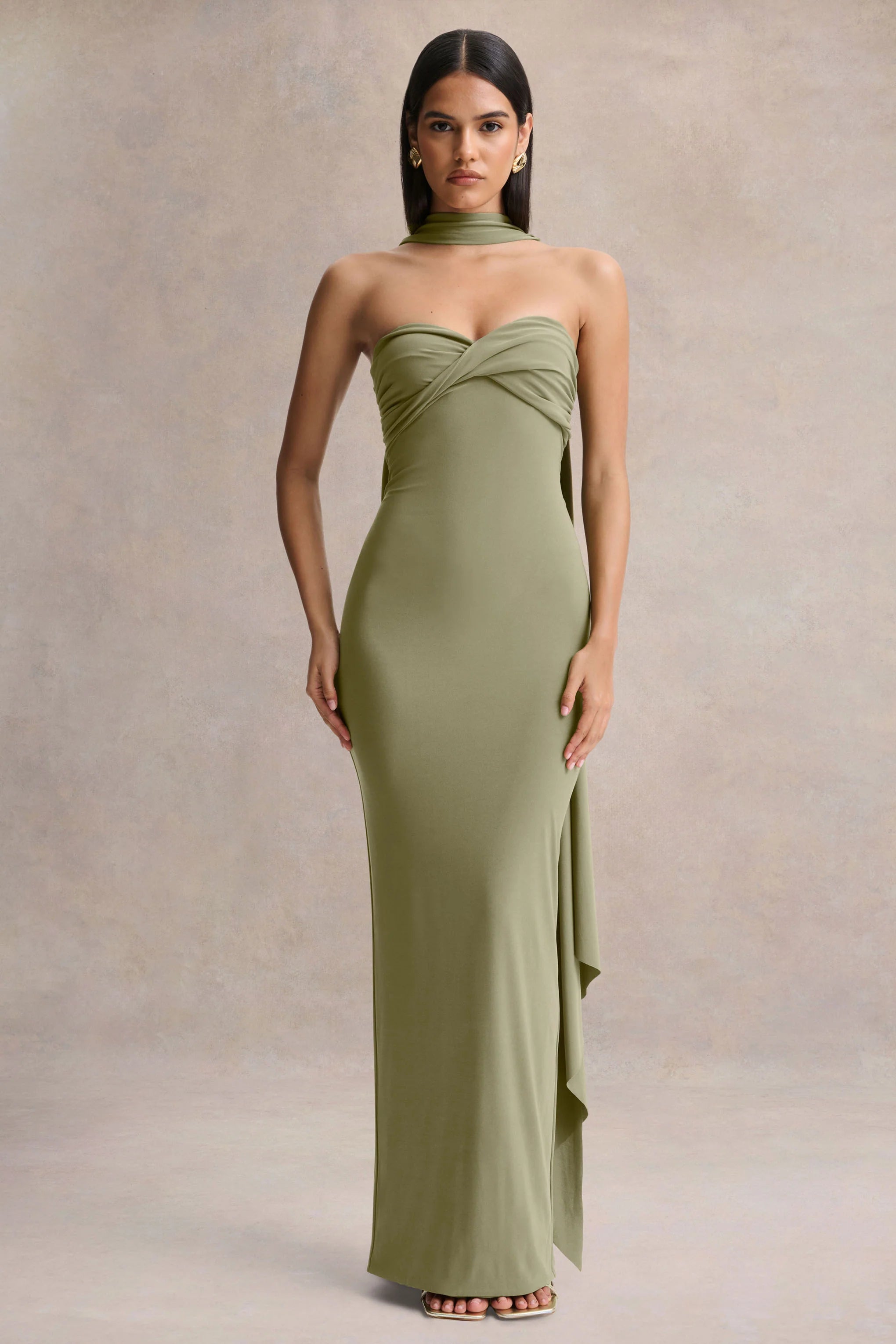 Sheila Olive Bandeau Maxi Dress With Scarf Detail
