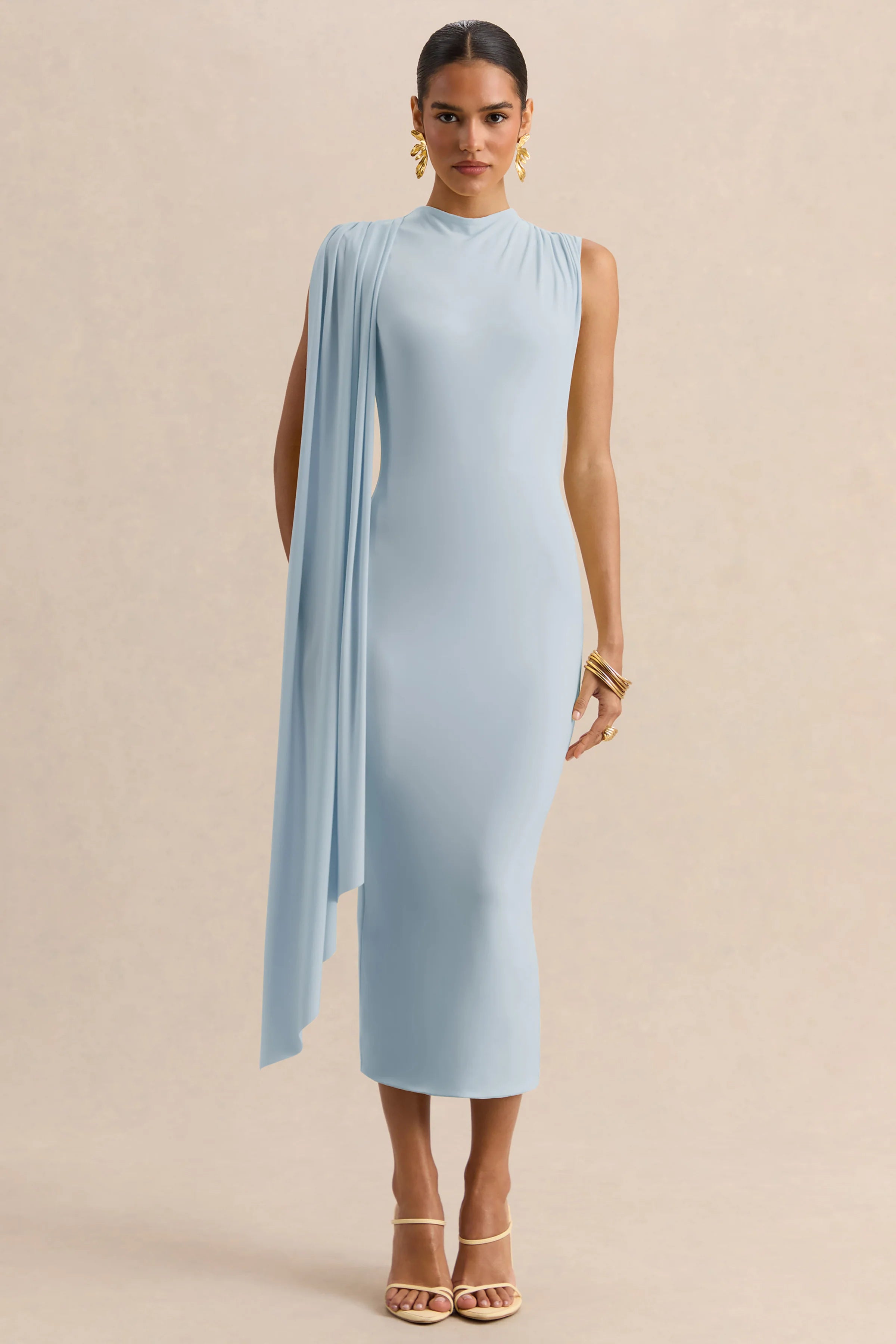 Oleandra Light Blue High Neck Midi Dress With Draped Detail