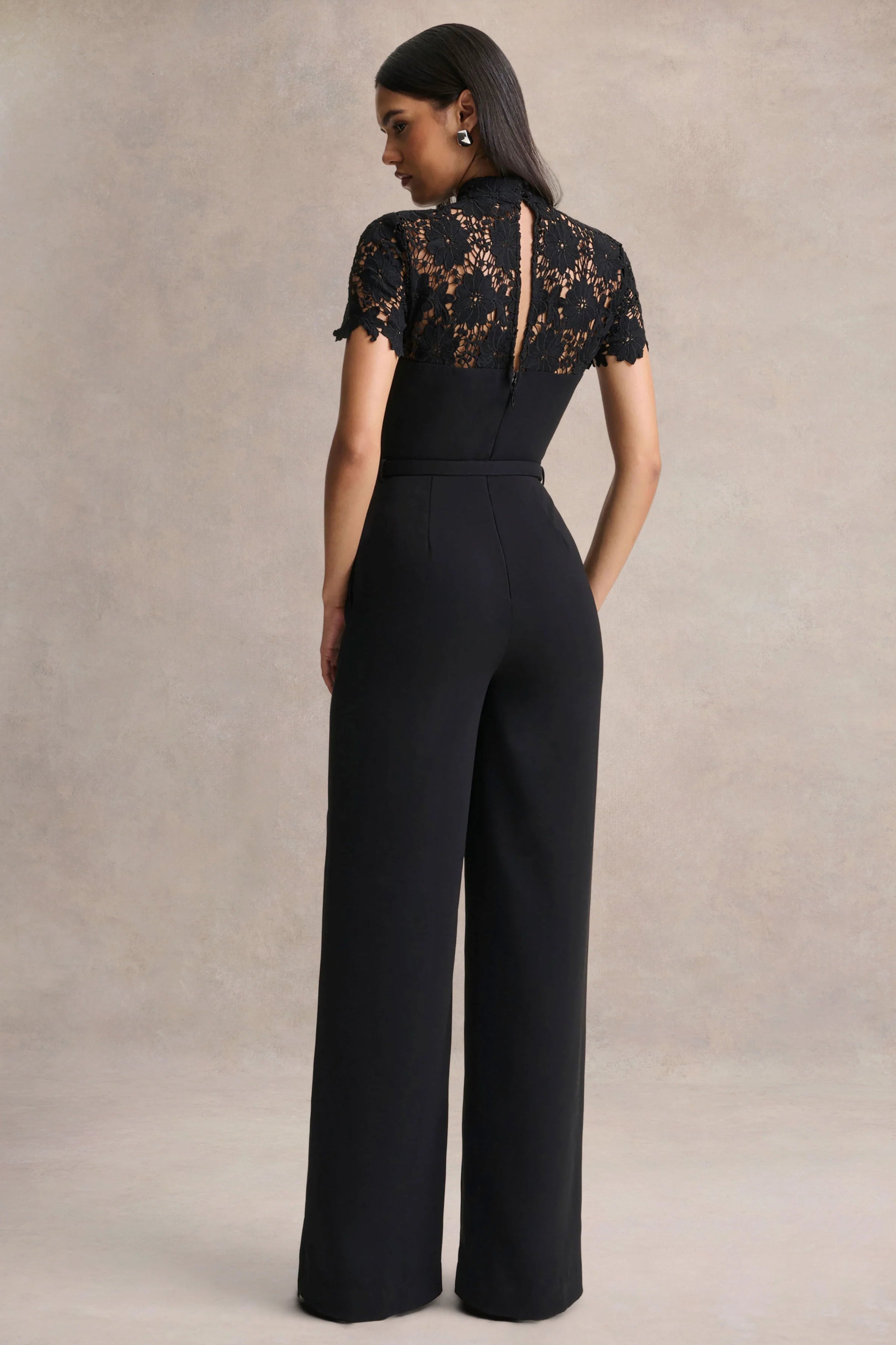 Orlina Black High Neck Jumpsuit With Lace Detailing