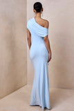 Siora Powder Blue Asymmetric Neck Maxi Dress With Draped Detailing