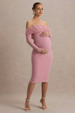 Adita Blush Pink Mesh Floral Bardot Maternity Midi Dress