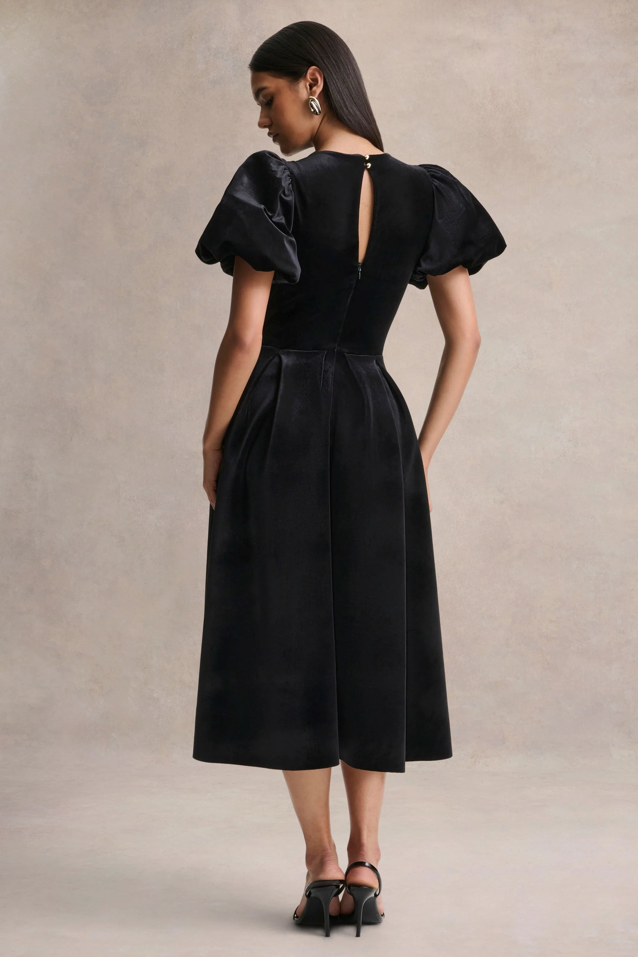 Seraphic Black Velvet Puff Sleeve Midi Dress