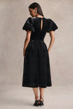 Seraphic Black Velvet Puff Sleeve Midi Dress