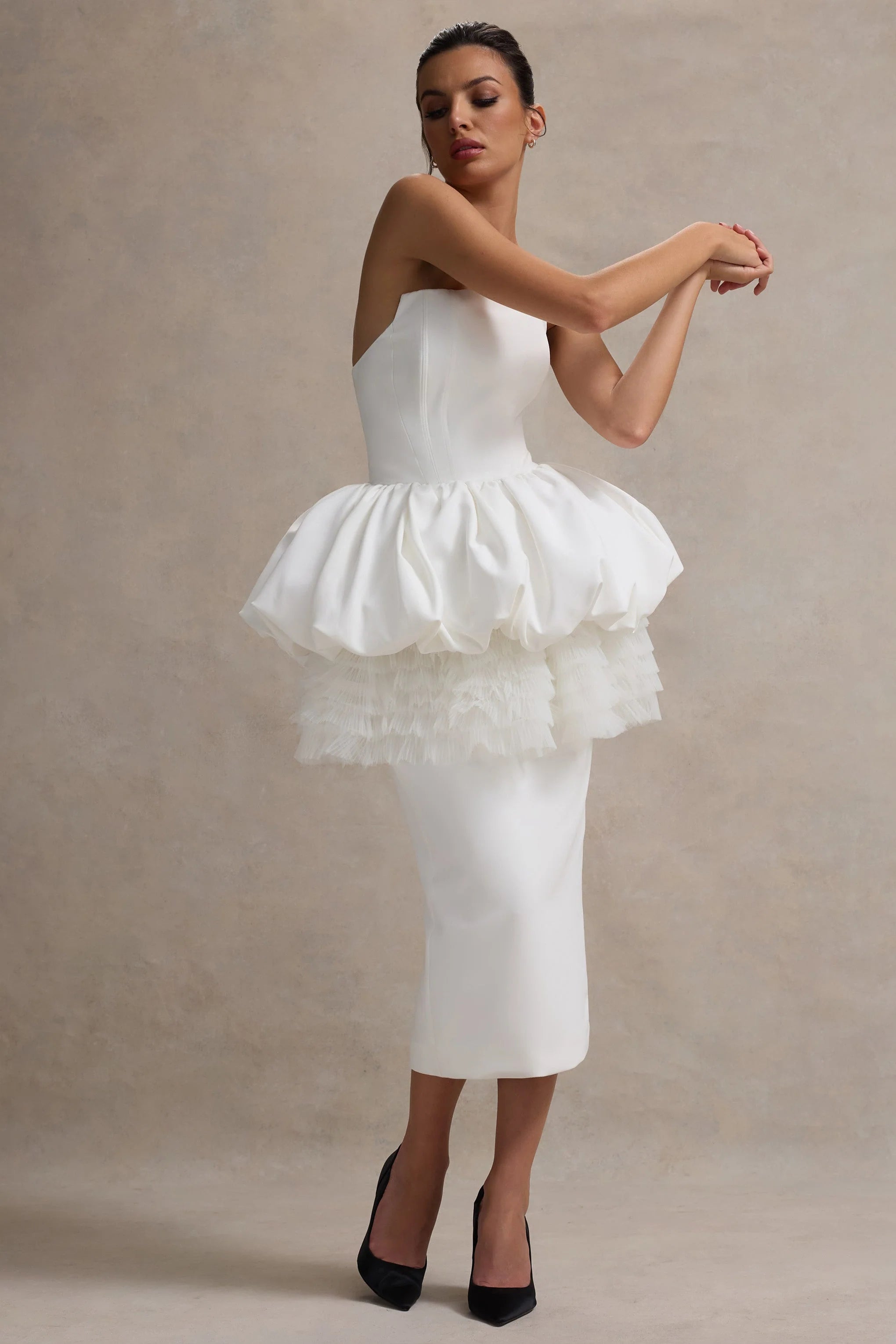 Jones White Strapless Midi Dress With Tulle Peplum Waist