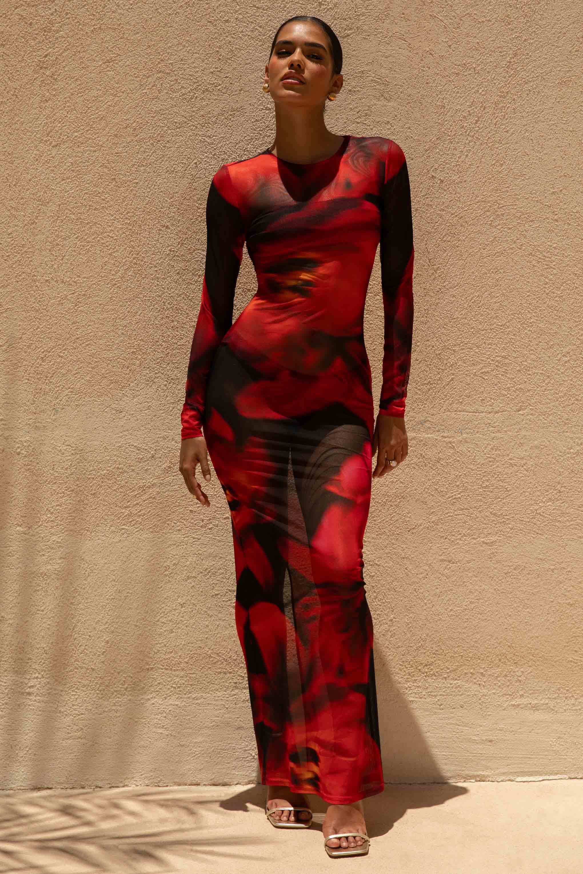 Marcy Red And Black Floral Print High Neck Maxi Dress
