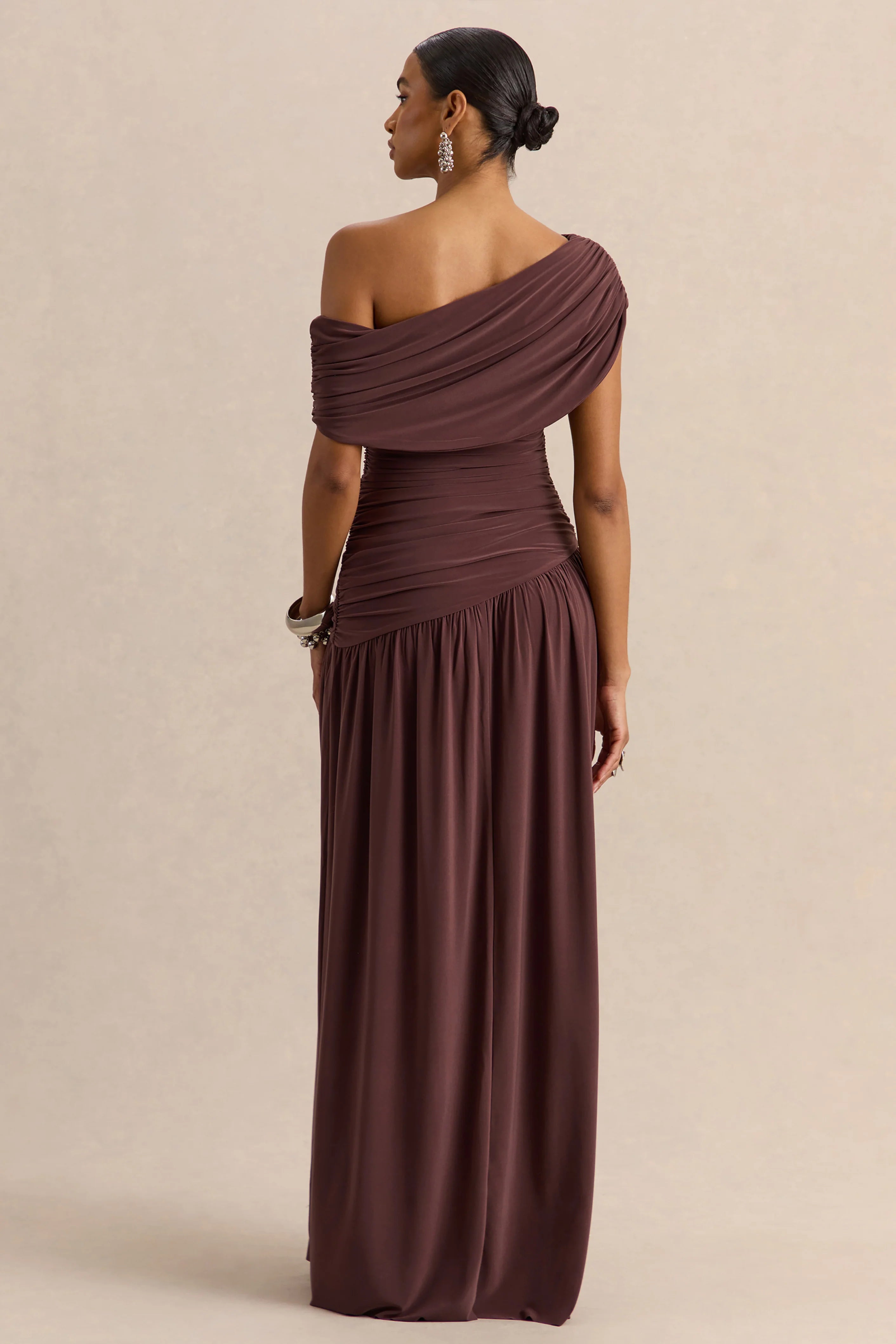 Emberly Brown Draped Asymmetric Neck Maxi Dress With Drop Waist