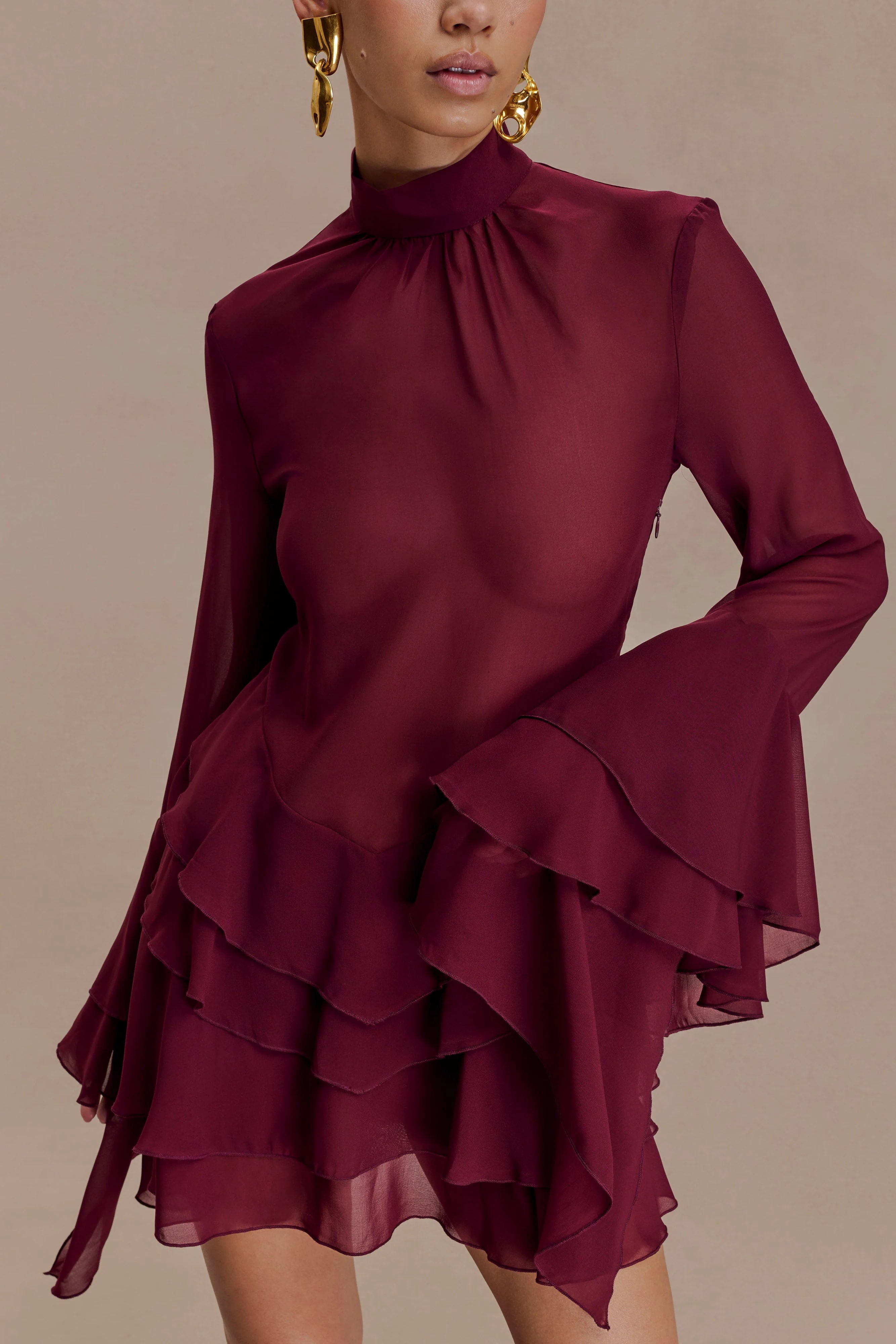 Nimah Chiffon Ruffle Mini Dress Wine