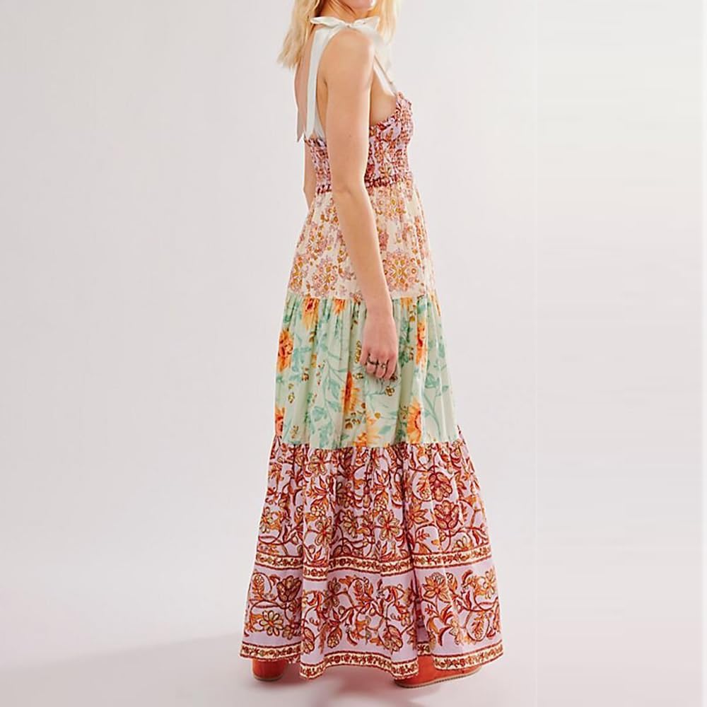 Women Floral Maxi Dress Tie Shoulder Patchwork Smocked Flowy Boho Dress with Pockets Summer Vacation Sundress