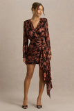 Lindsey Black And Rust Plunge Neck Wrap Mini Dress With Bell Sleeves And Sash Detail